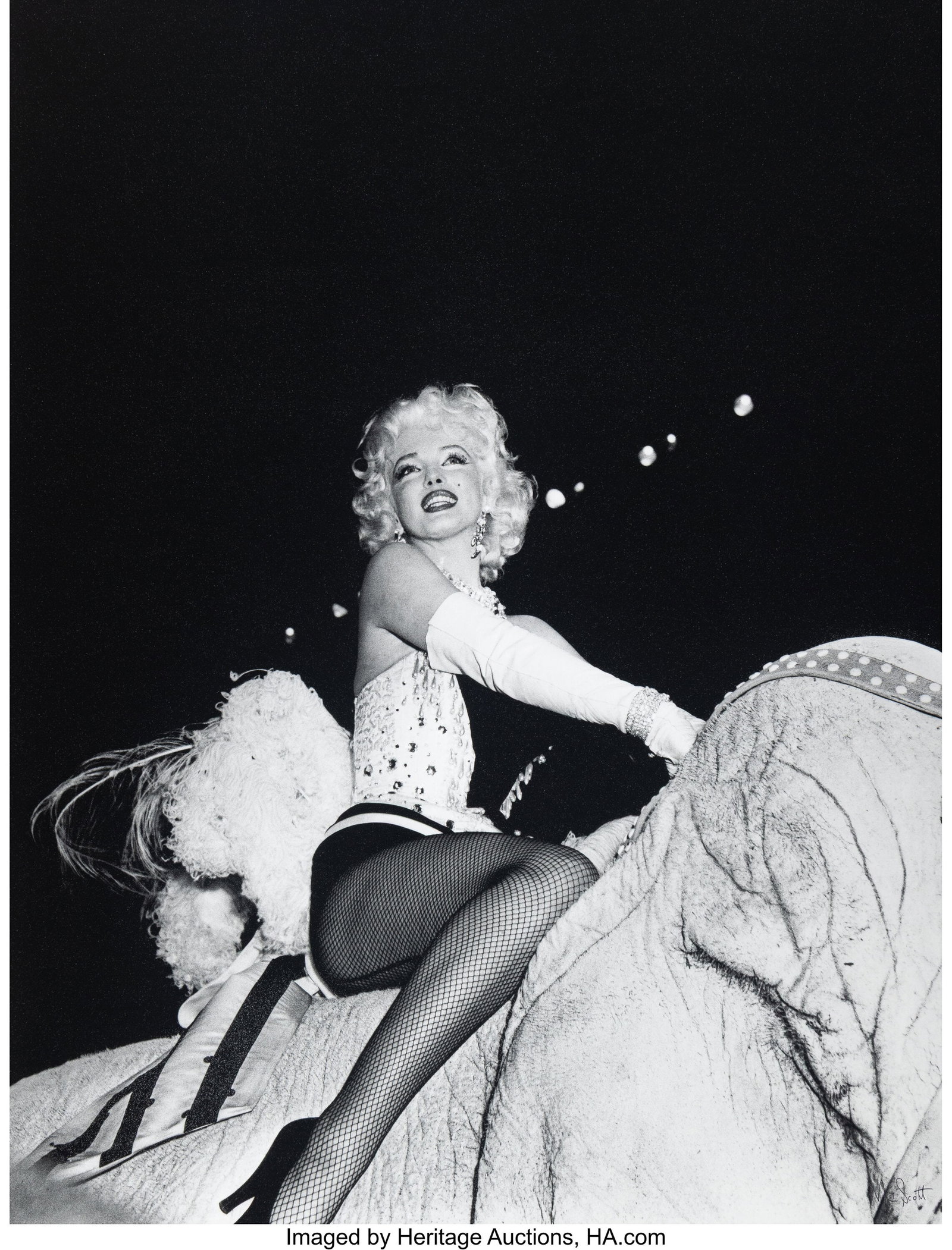 Marvin Scott (American) Marilyn Monroe on an Ele: Marvin Scott (American) Marilyn Monroe on an Elephant (from Marilyn's Circus), 1955 Oversized digital pigment print, printed later 50-1/2 x 40 inches (128&peri