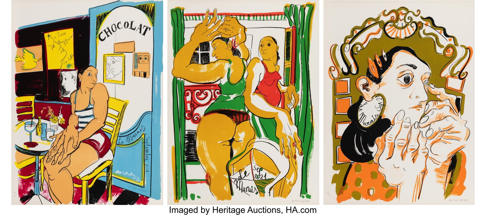 Cristina BanBan (b. 1987) Le Marais (triptych), : Cristina BanBan (b. 1987) Le Marais (triptych), 2021 Lithographs in colors on Arches paper 30 x 22 inches (76.2 x 55.9 cm) (sheet, e