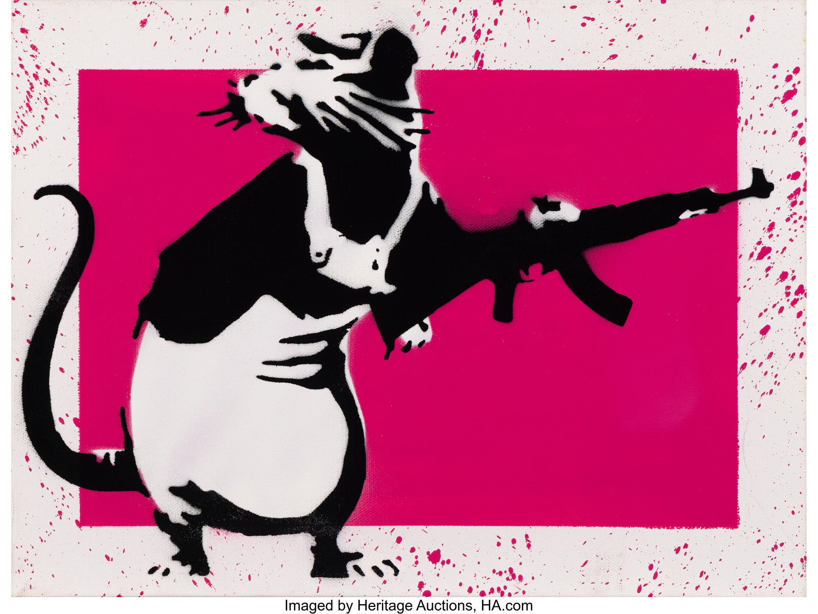 Banksy Hates Me (20th Century) AK Rat - Pink, 20: Banksy Hates Me (20th Century) AK Rat - Pink, 2023 Acrylic and spray paint on canvas 12 x 16 inches (30.5 x 40.6 cm) Signed, titled, and dated on th