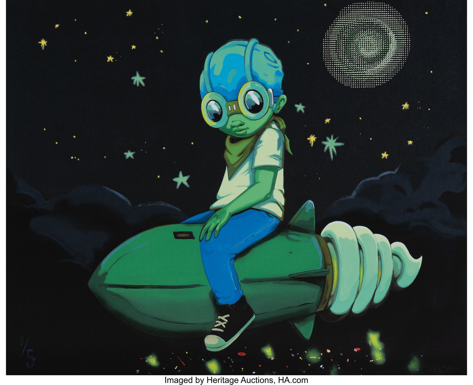 Hebru Brantley (b. 1981) Night Flight, 2021 Arch: Hebru Brantley (b. 1981) Night Flight, 2021 Archival pigment print in colors and screenprint glow-in-the-dark ink on Museum Cotton Rag paper 29-1/8 x 35-3/4 inches &lpar