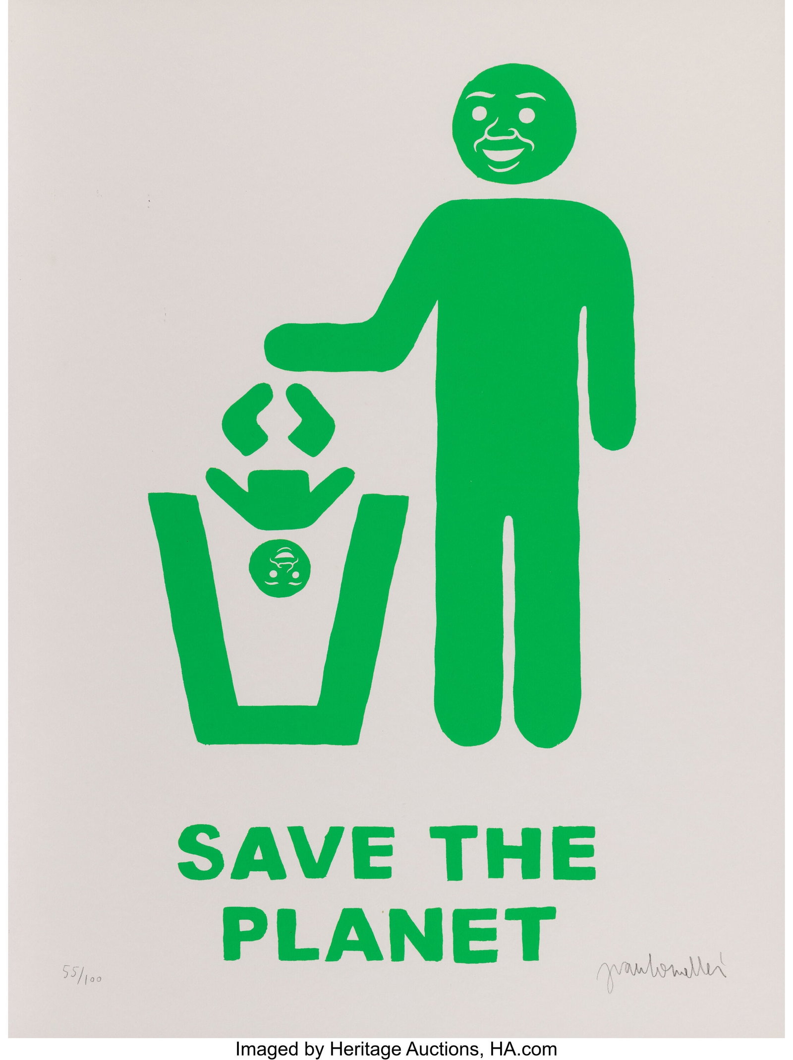 Joan Cornellà (b. 1981) Save the Planet (Green): Joan Cornellà (b. 1981) Save the Planet (Green), 2022 Screenprint in Pearl Grey Stonehenge paper 24 x 18 inches (61.0 x 45.7 cm) (s