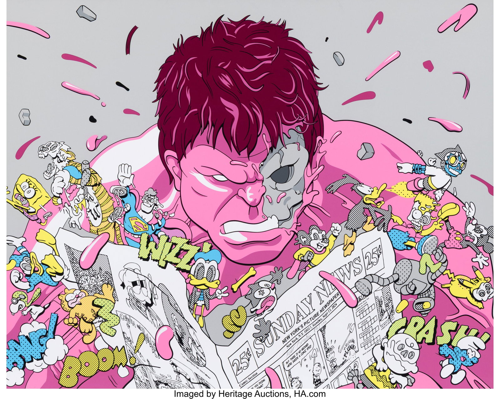 Matt Gondek (b. 1982) Pink Hulk Reading Newspape: Matt Gondek (b. 1982) Pink Hulk Reading Newspaper, 2025 Screenprint in colors on Mohawk Superfine Fine Art paper 20 x 25 inches (50.8 x 63.5 cm) (sh