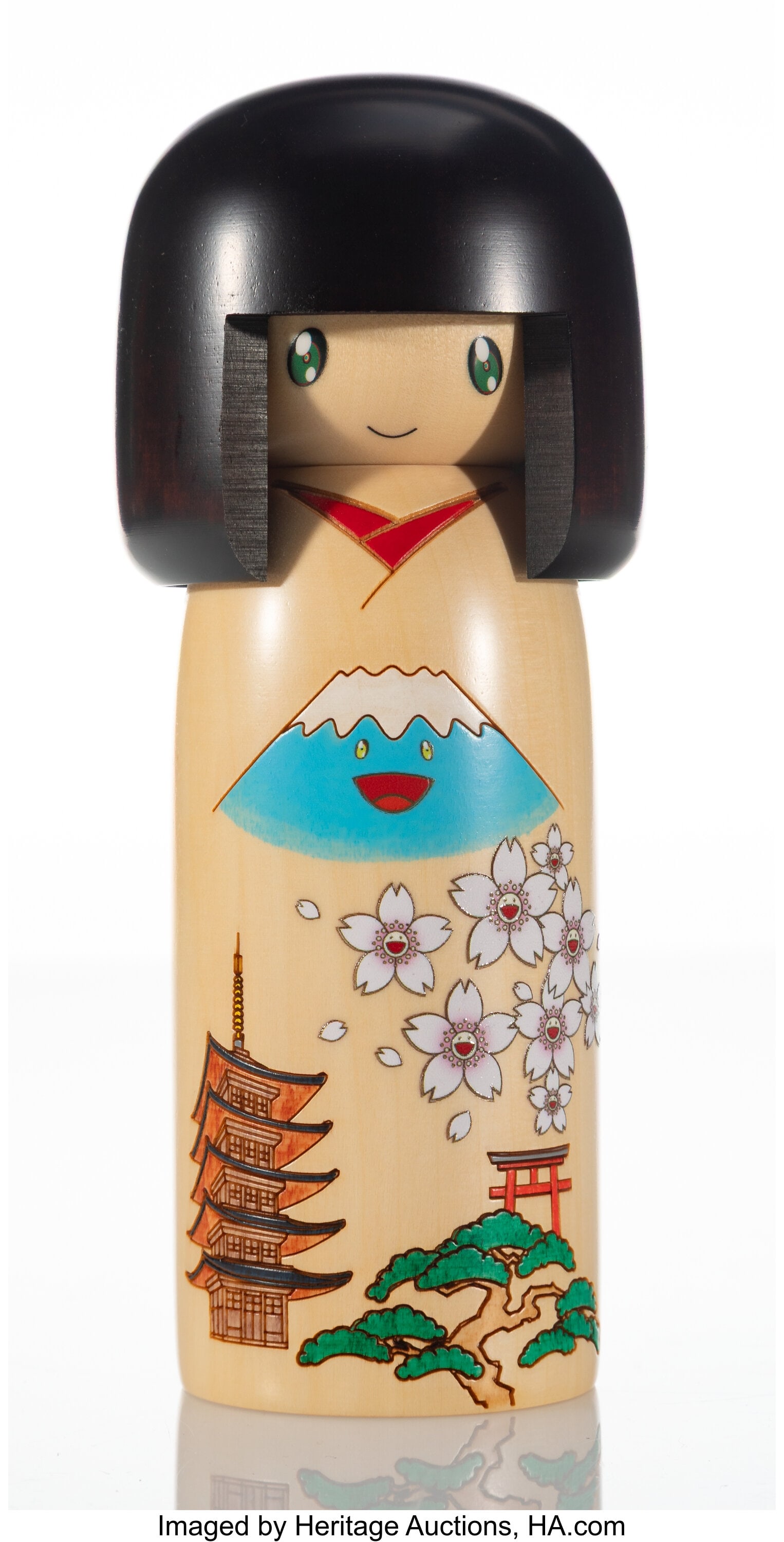 Takashi Murakami (b. 1962) Fujisan-chan Kokeshi,: Takashi Murakami (b. 1962) Fujisan-chan Kokeshi, 2020 Painted wood 7 x 3 inches (17.8 x 7.6 cm) Edition of 1000 Signed and dated in ink on wooden box lid