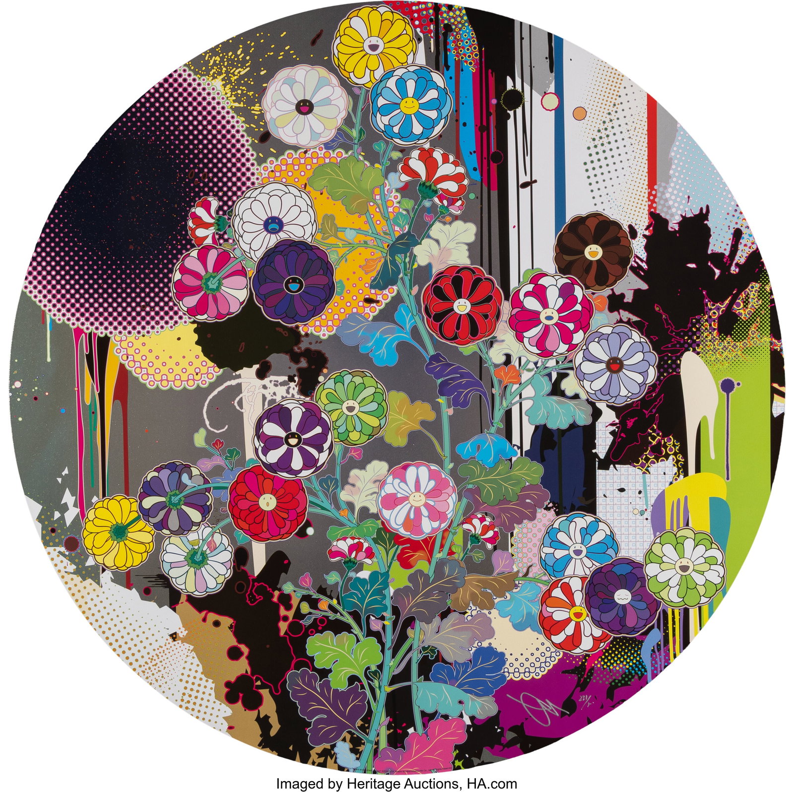 Takashi Murakami (b. 1962) Korin's Flowers and A: Takashi Murakami (b. 1962) Korin's Flowers and Abstract Imagery, 2024 Offset lithograph in colors on smooth wove paper 28 inches (71.1 cm) diameter (sheet&
