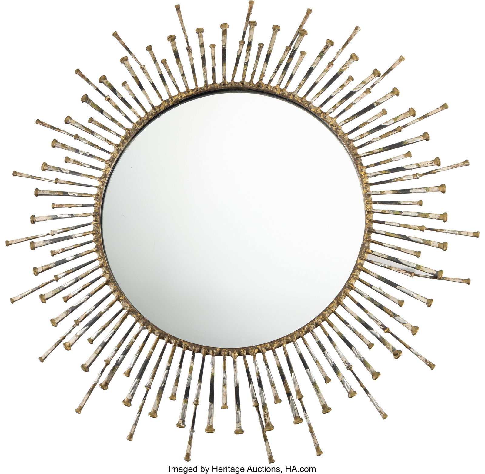 Curtis Jeré Sunburst Wall Mirror, 1971 Patinat: Curtis Jeré Sunburst Wall Mirror, 1971 Patinated metal, mirrored glass 36 inches (91.4 cm) Marks to one element: © C Jeré, '71