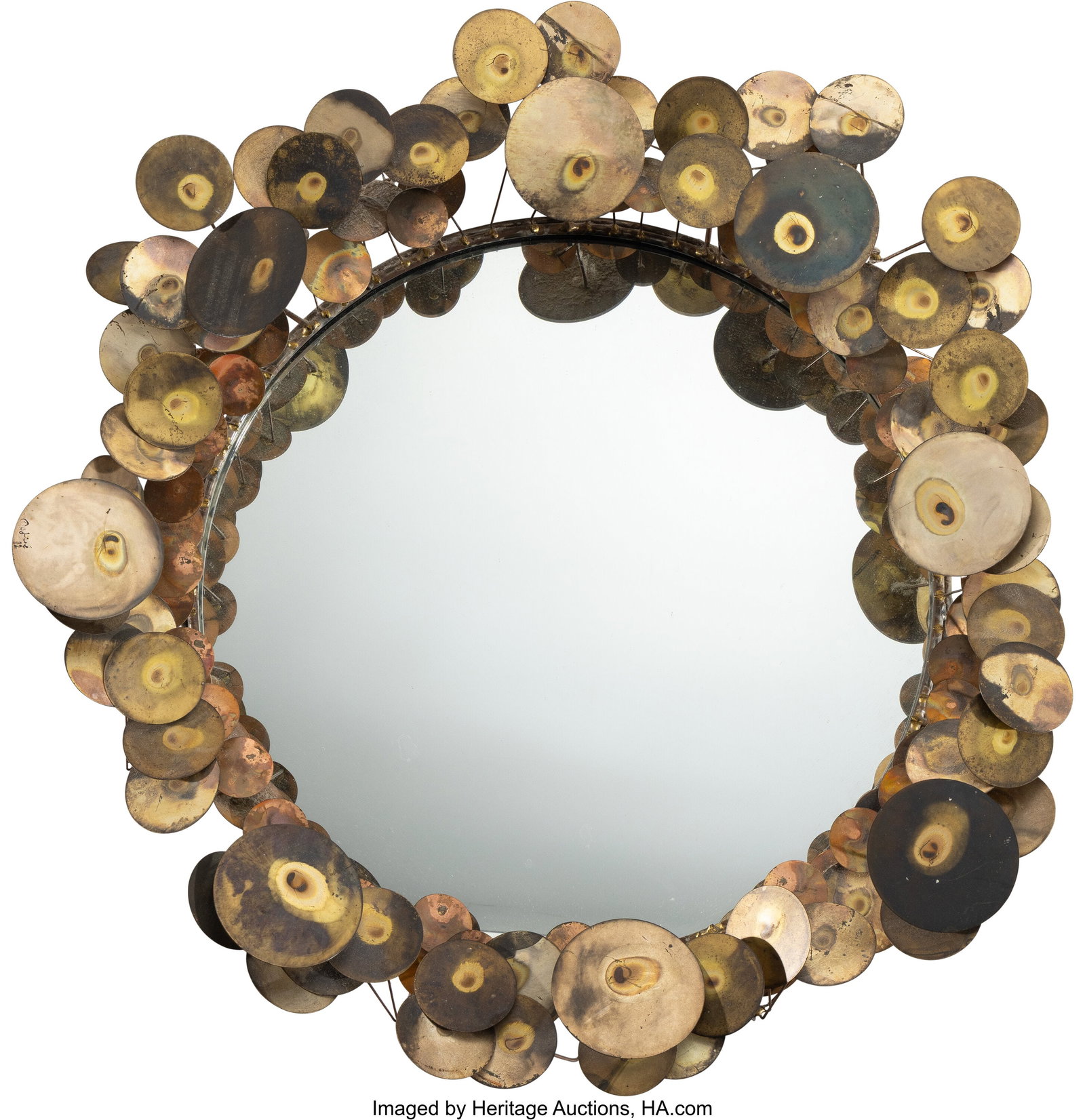 Curtis Jeré Raindrop Wall Mirror, 1972 Brass, s: Curtis Jeré Raindrop Wall Mirror, 1972 Brass, steel, mirrored glass 28 inches (71.1 cm) (approximately) Marks: © C Jeré, 72