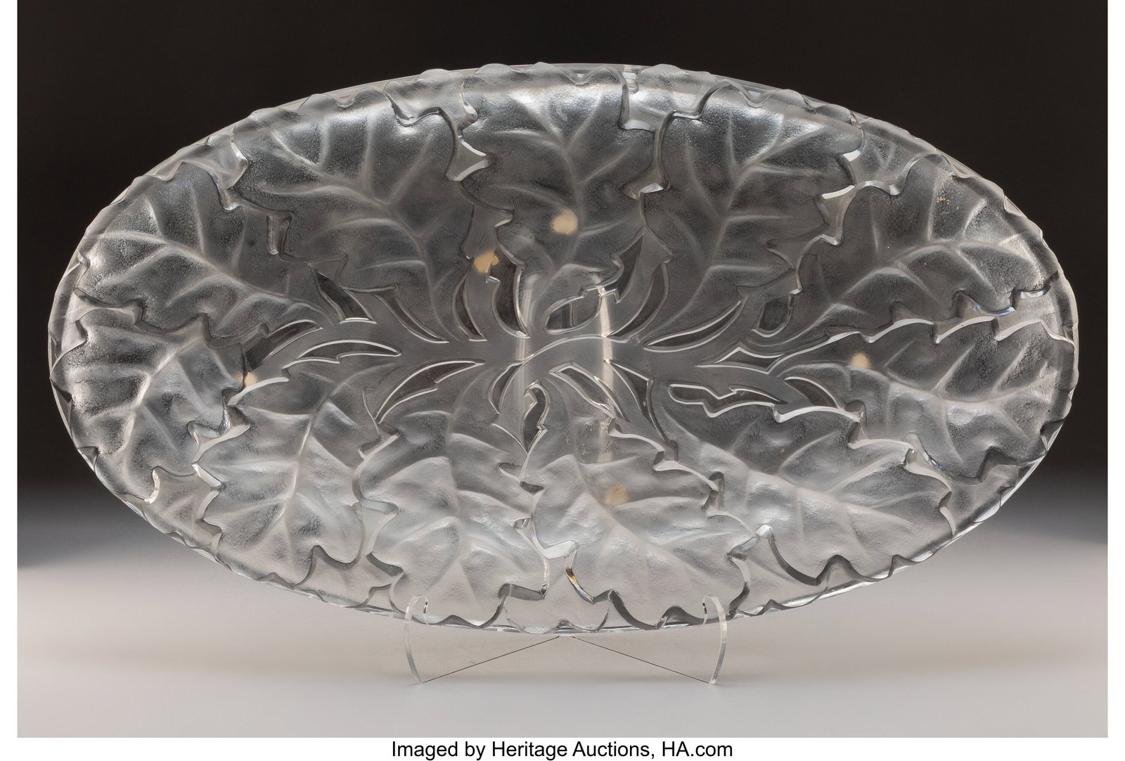 Lalique Chêne Oval Platter, post-1945 Clear and: Lalique Chêne Oval Platter, post-1945 Clear and frosted glass 2 x 24-1/2 x 14 inches (5.1 x 62.2 x 35.6 cm) Marks: Lalique France Property from&nbs