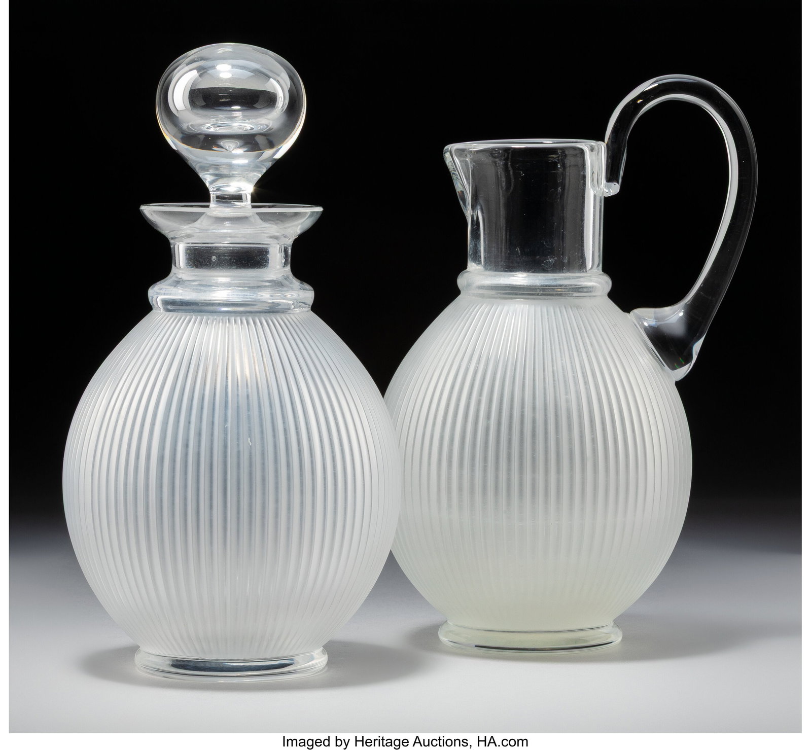 Lalique Langeais Decanter & Pitcher, post-1945 C: Lalique Langeais Decanter & Pitcher, post-1945 Clear and frosted glass 9-1/2 inches (24.1 cm) (tallest, decanter) Marks: Lalique France