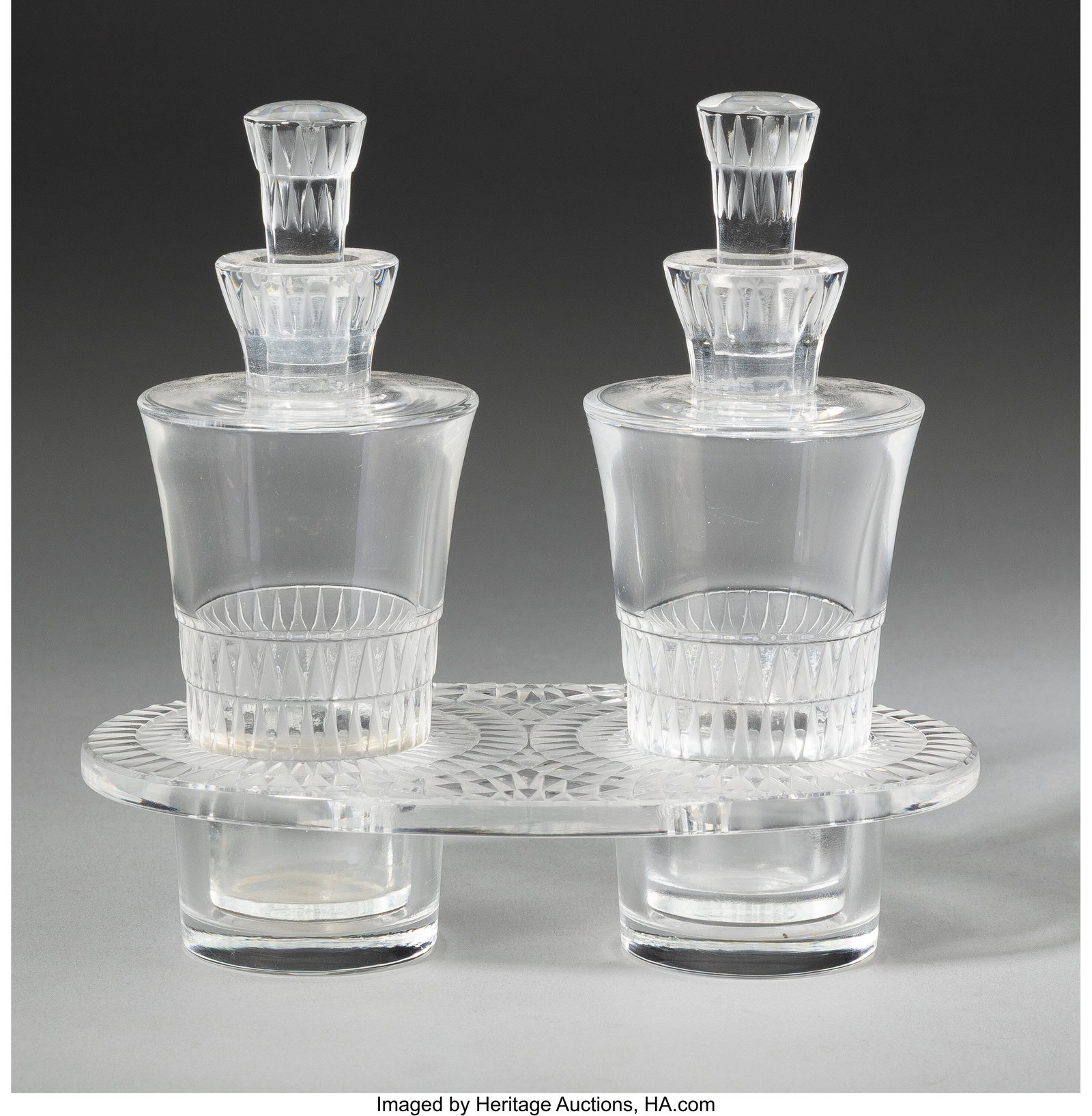 Lalique Bourgueil Cruet Set, post-1945 Clear and: Lalique Bourgueil Cruet Set, post-1945 Clear and frosted glass 5-3/8 inches (13.7 cm) (tallest, bottles) Marks to tray: Lalique France Property