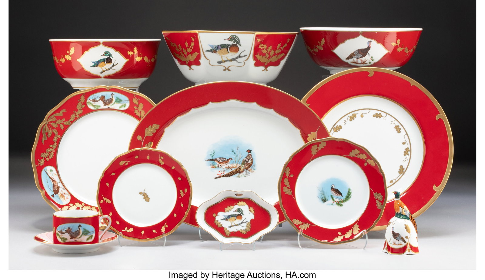 Lynn Chase Ninety-Four-Piece Winter Game Birds D: Lynn Chase Ninety-Four-Piece Winter Game Birds Dinner Service for Twenty, designed 1991 Partial gilt porcelain 12-1/8 inches (30.8 cm) (largest, buffet plate&rpar