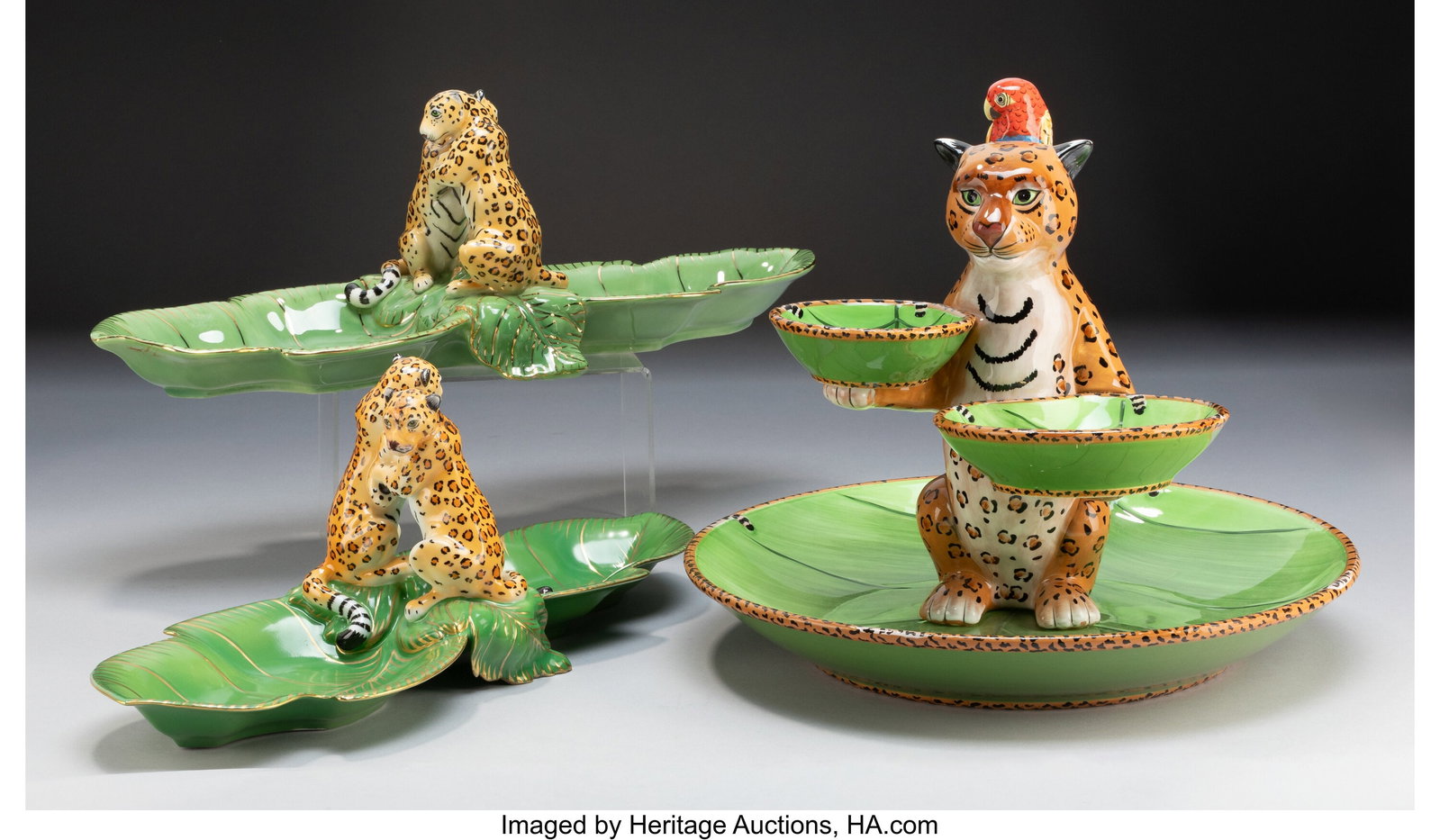 Lynn Chase Three Jaguar Jungle Serving Pieces, d: Lynn Chase Three Jaguar Jungle Serving Pieces, designed 1988 Partial gilt porcelain 12 x 14 inches (30.5 x 35.6 cm) (tallest, chip & dip server) Marks