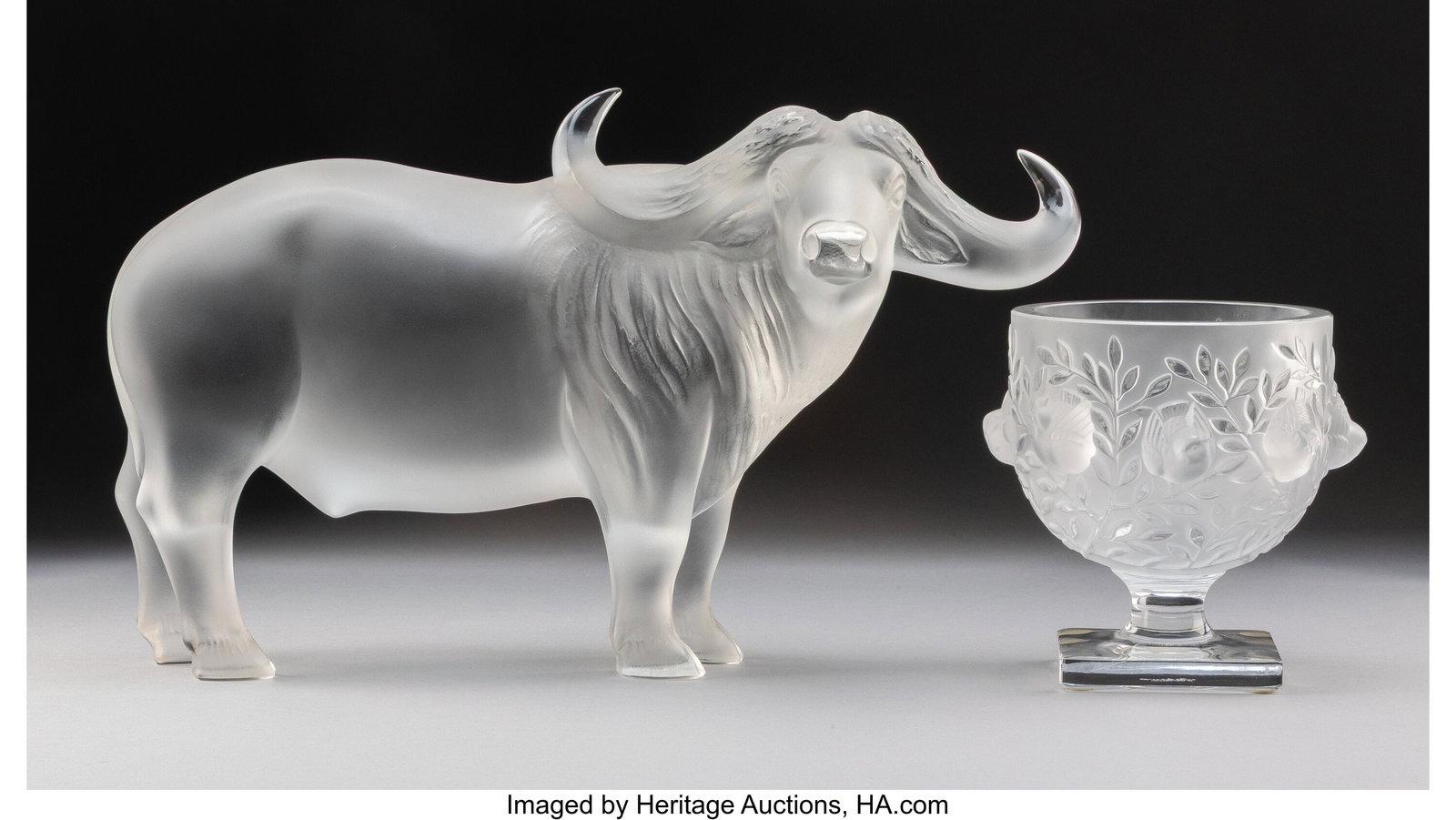 Lalique Nam Water Buffalo Figure and Elisabeth V: Lalique Nam Water Buffalo Figure and Elisabeth Vase, post-1945 Clear and frosted glass 8-1/4 x 14-1/2 x 5 inches (21.0 x 36.8 x 12.7 cm) Marks: Laliq
