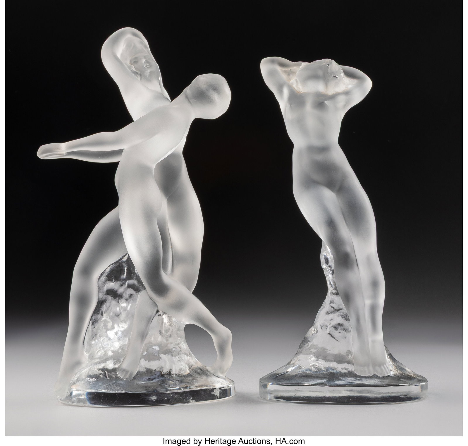 Lalique Deux Danseuses and Danseuse Bras Leves, : Lalique Deux Danseuses and Danseuse Bras Leves, post-1945 Clear and frosted glass 10 inches (25.4 cm) (each, approximately) Marks: Lalique France Property 
