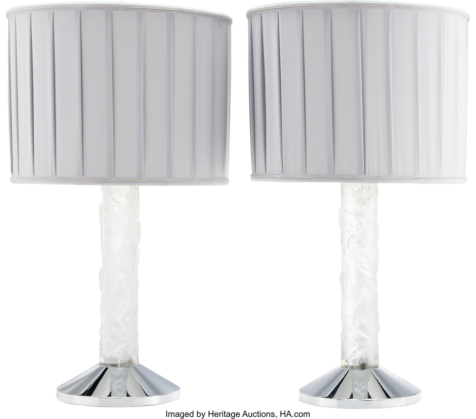 Lalique Pair of Faunes Table Lamps, post-1945 Cl: Lalique Pair of Faunes Table Lamps, post-1945 Clear and frosted glass, metal, fabric 26-1/4 inches (66.7 cm) (each, overall) Marks: Lalique