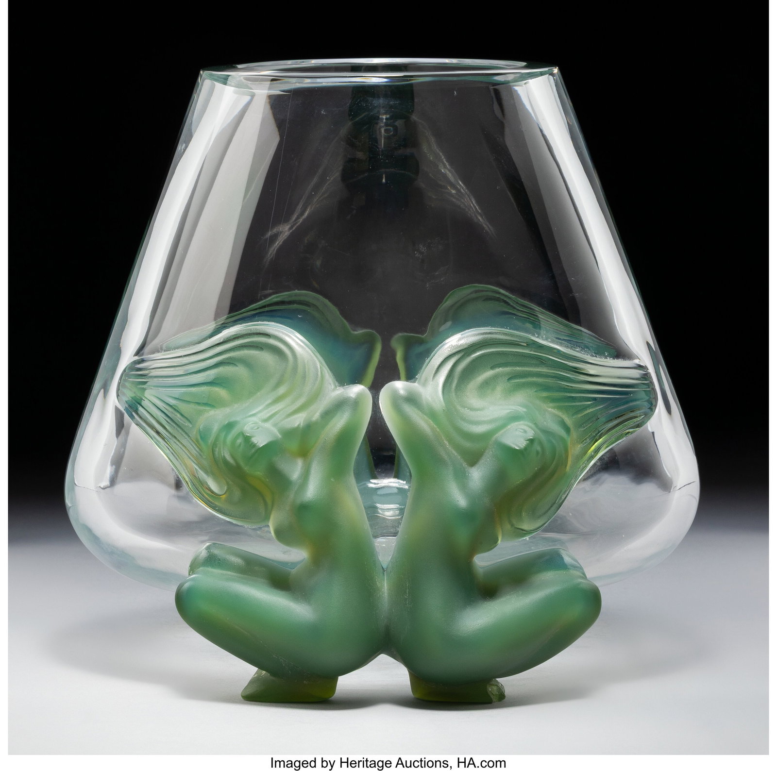 Lalique Antinea Vase, post-1945 Clear and green : Lalique Antinea Vase, post-1945 Clear and green glass 8-1/4 x 10-1/4 inches (21.0 x 26.0 cm) Marks: Lalique France HID03101062020 © 2026 Heritage Aucti