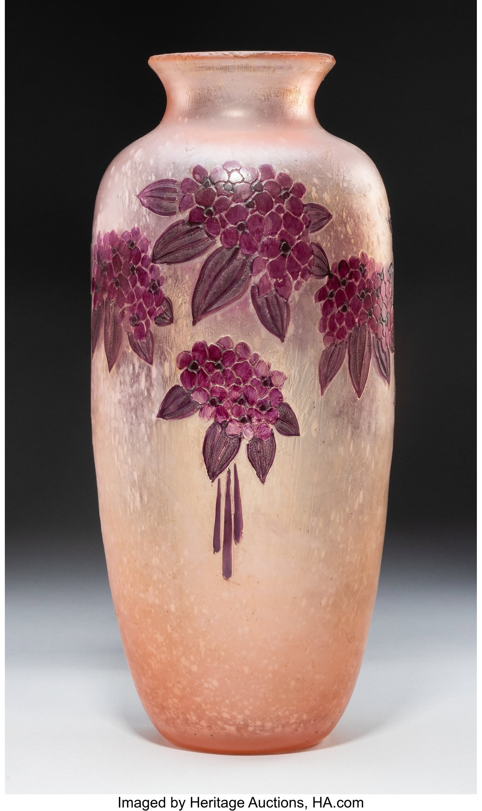 Legras & Cie Large Hydrangea Vase, circa 1920 Ac: Legras & Cie Large Hydrangea Vase, circa 1920 Acid-etched and enameled glass 16 inches (40.6 cm) Marks: Legras HID03101062020 © 2026 Heritage Auctions | All 