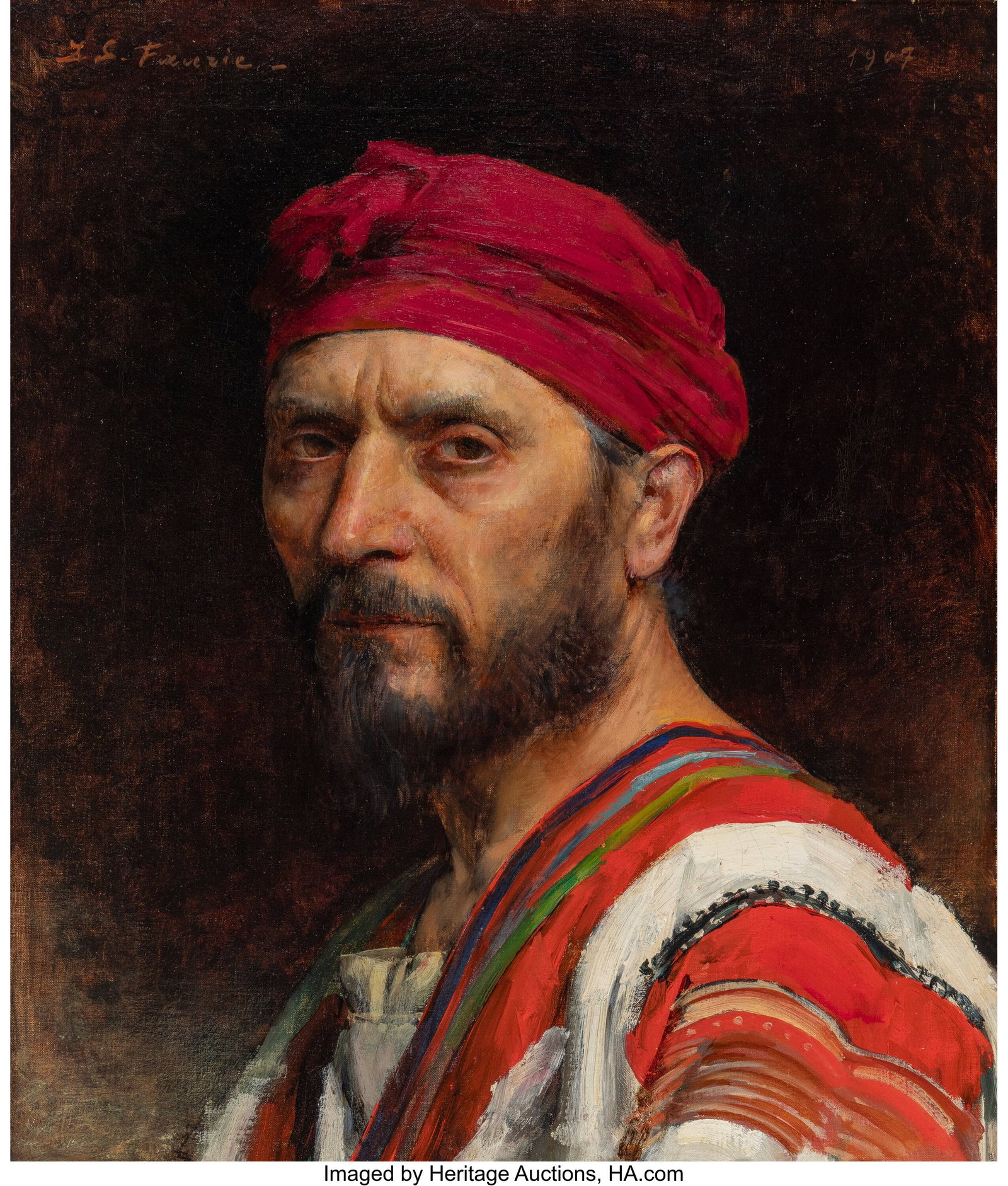 Jean Syndon-Faurie (French, 1869–1937) Portrai: Jean Syndon-Faurie (French, 1869–1937) Portrait of a man wearing a turban, 1907 Oil on canvas 19-3/4 x 16-1/2 inches (50.2 x 41.9 cm) Signed