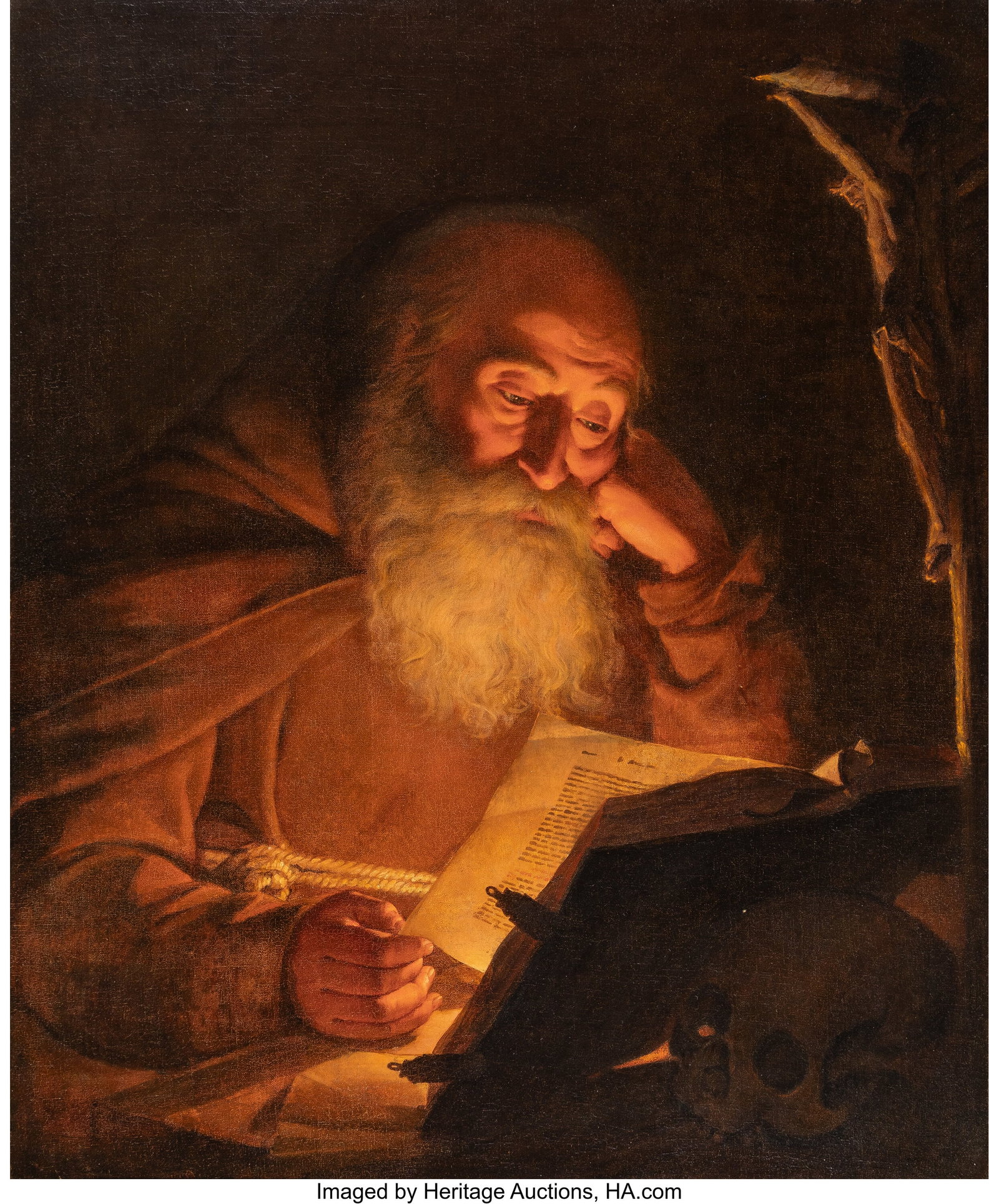 French School (17th Century) Saint Jerome readin: French School (17th Century) Saint Jerome reading by candlelight Oil on canvas 34-1/4 x 28 inches (87.0 x 71.1 cm) PROVENANCE: Private collection, Sum