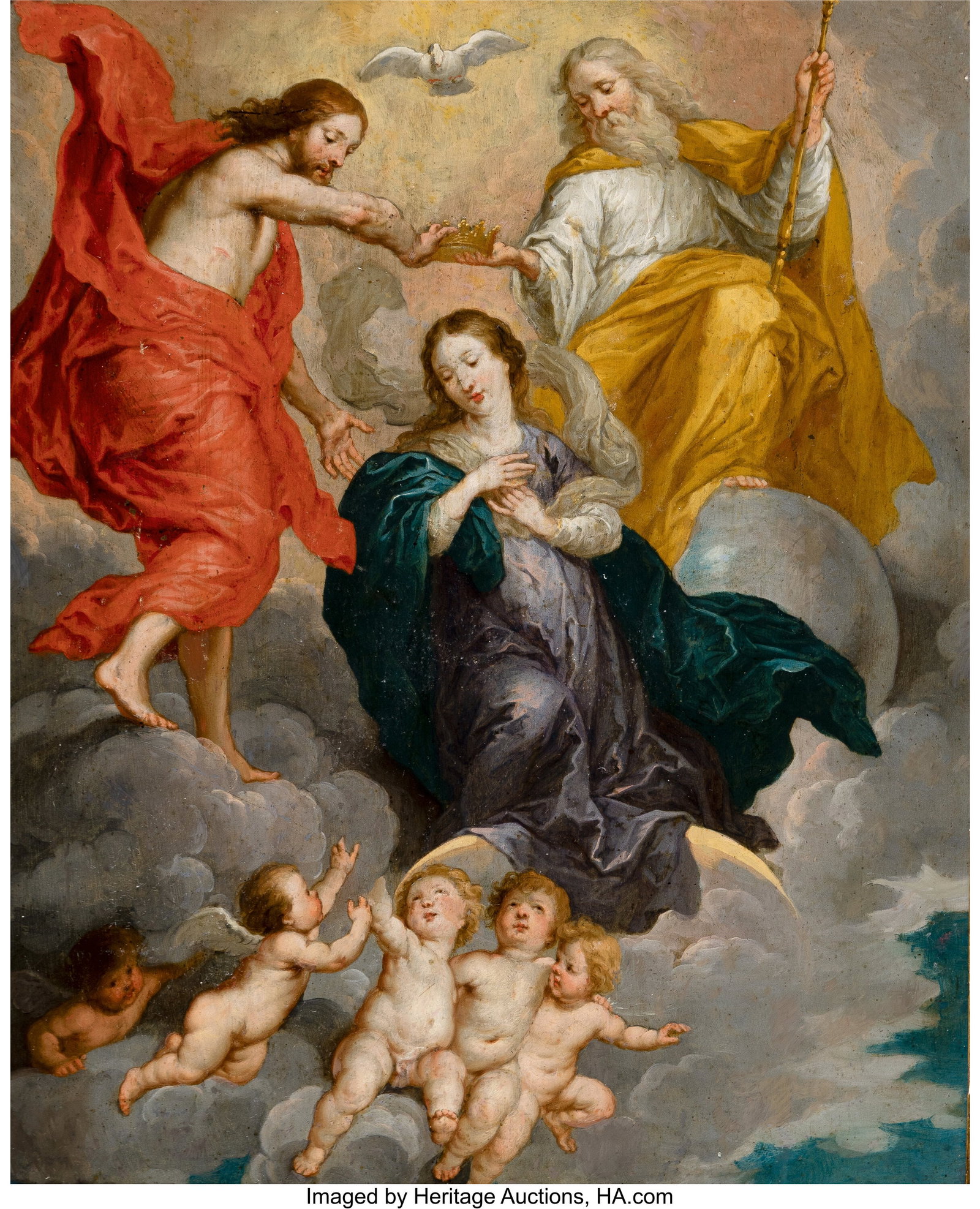 Cornelis Schut the Elder (Flemish, 1597-1655) Co: Cornelis Schut the Elder (Flemish, 1597-1655) Coronation of the Virgin, after Rubens Oil on copper 14 x 11 inches (35.6 x 27.9 cm) PROVENANCE: Ewa A