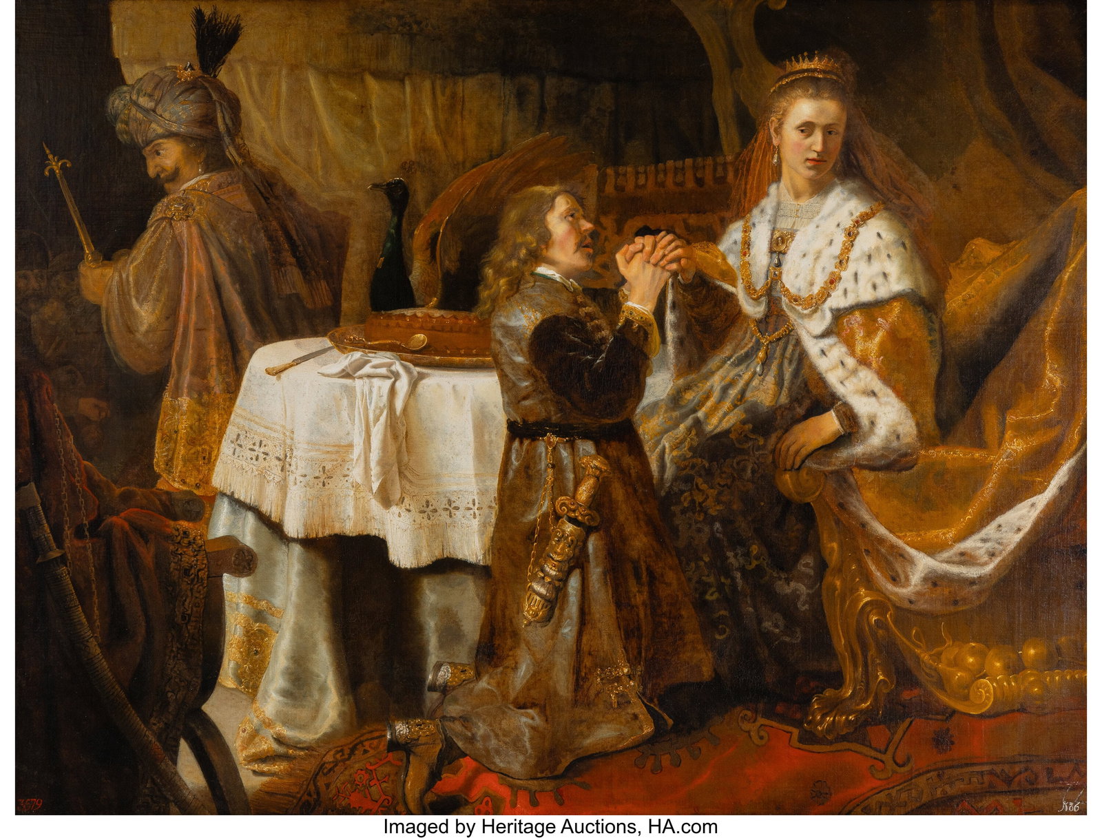 Gerrit Willemsz. Horst (Dutch, 1602-1652) Haman : Gerrit Willemsz. Horst (Dutch, 1602-1652) Haman pleading with Esther for his life Oil on canvas 63-1/2 x 82-1/2 inches (161.3 x 209.6 cm) Inscrib