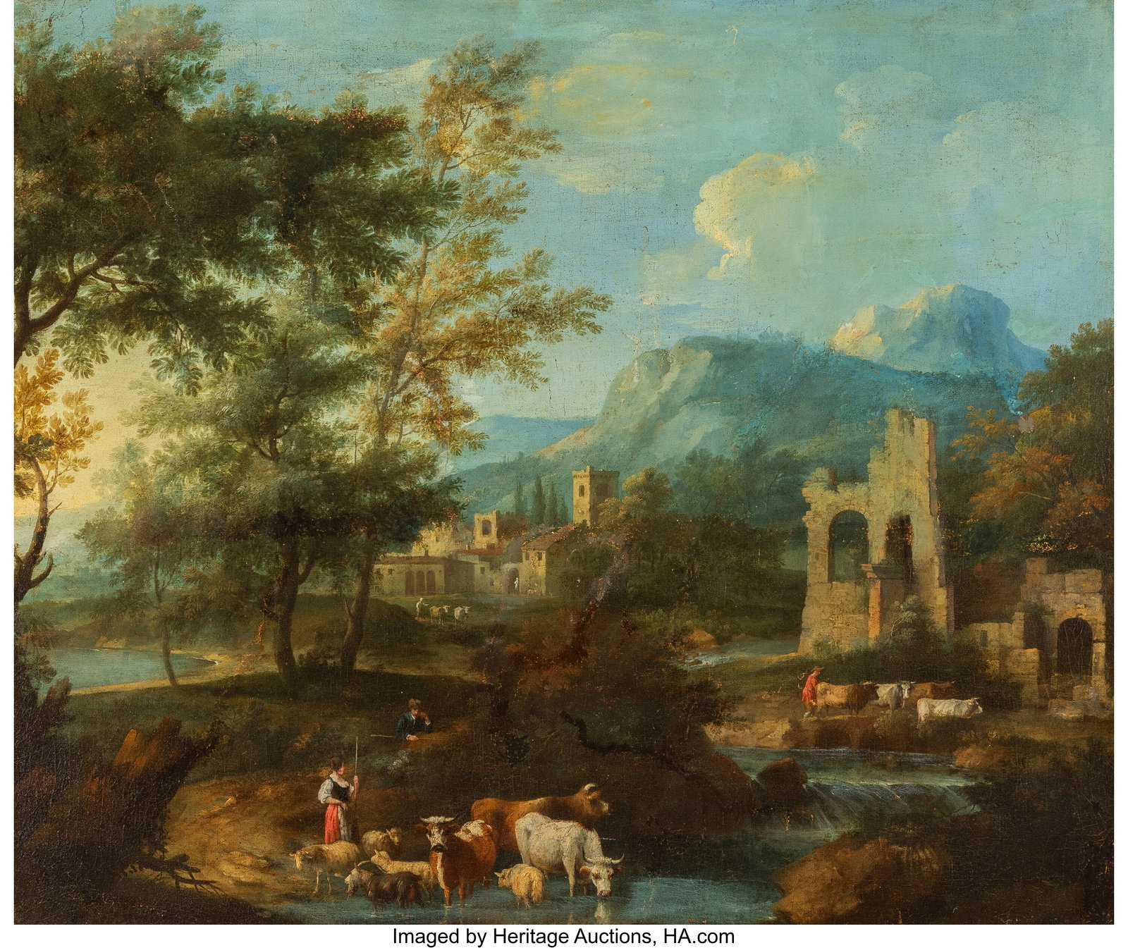 Francesco Zuccarelli (Italian, 1702-1788) Landsc: Francesco Zuccarelli (Italian, 1702-1788) Landscape with ruins, mid-1740's Oil on canvas 31-1/8 x 37-1/8 inches (79.1 x 94.3 cm) PROVENANCE:
