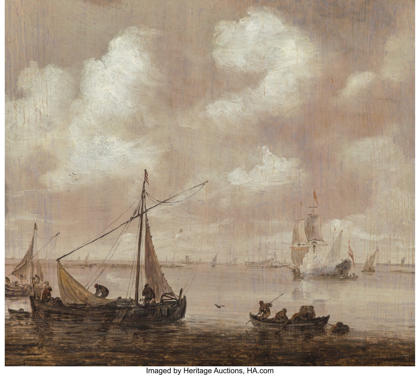 Jan Josefsz van Goyen (Dutch, 1596-1656) Scene w: Jan Josefsz van Goyen (Dutch, 1596-1656) Scene with fishing boats and warships in estuary, 1655 Oil on panel 10-3/4 x 12-3/4 inches (27.3 x 32.4 cm&rpa