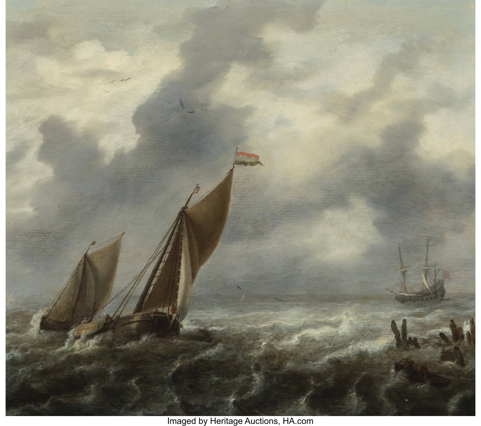 Jan Porcellis (Dutch, 1574-1632) Dutch shipping : Jan Porcellis (Dutch, 1574-1632) Dutch shipping off a pier in a choppy sea Oil on panel 15-1/4 x 17-1/2 inches (38.7 x 44.5 cm) Signed indistinctly on t