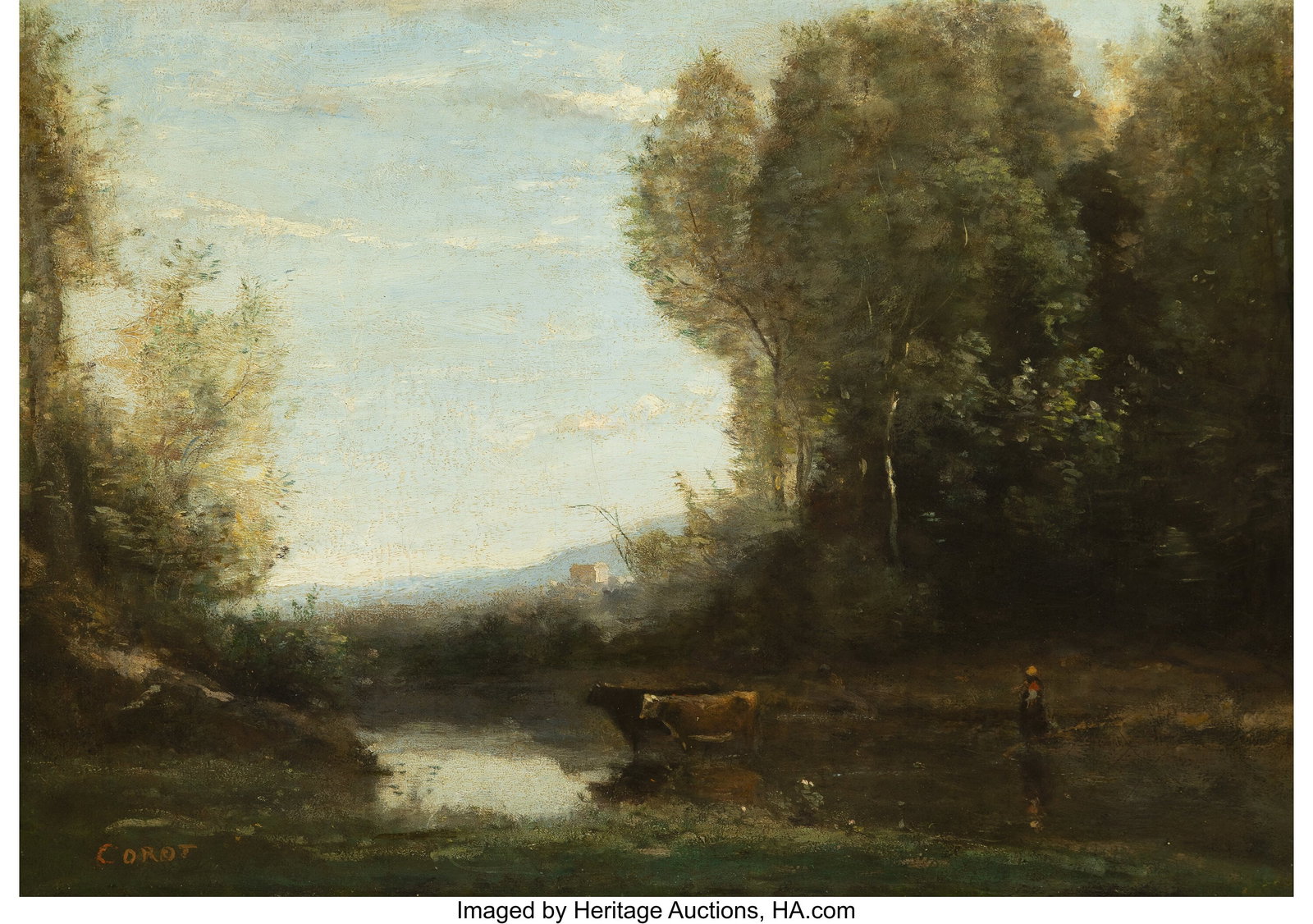 Jean-Baptiste-Camille Corot (French, 1796-1875) : Jean-Baptiste-Camille Corot (French, 1796-1875) Gardienne et ses deux vaches au marais, circa 1860-5 Oil on canvas 13 x 18-1/4 inches (33.0 x 46.4 cm)