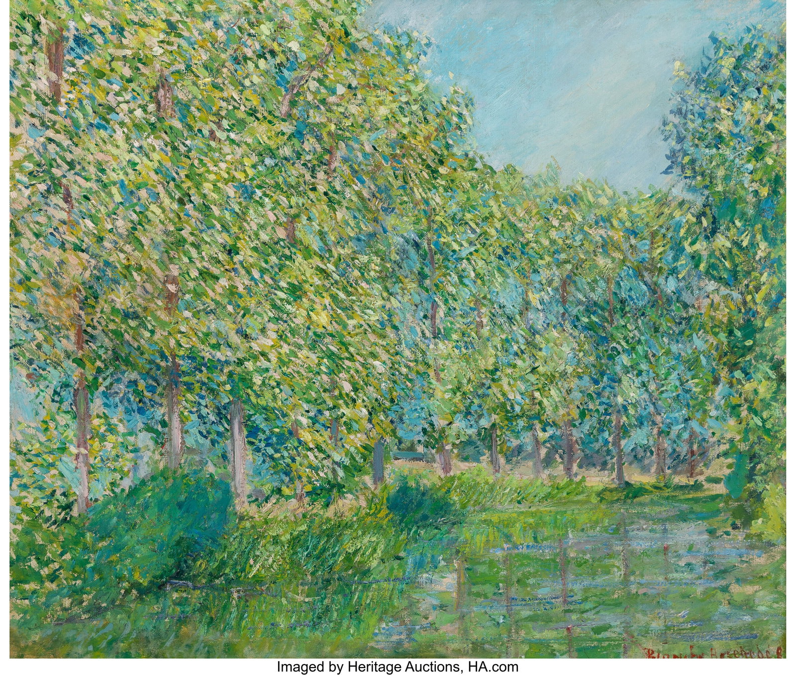 Blanche Hoschedé-Monet (French, 1865-1947) Au b: Blanche Hoschedé-Monet (French, 1865-1947) Au bord de l'Epte, circa 1880s Oil on canvas 19-1/2 x 24 inches (49.5 x 61.0 cm) Signed and dated in