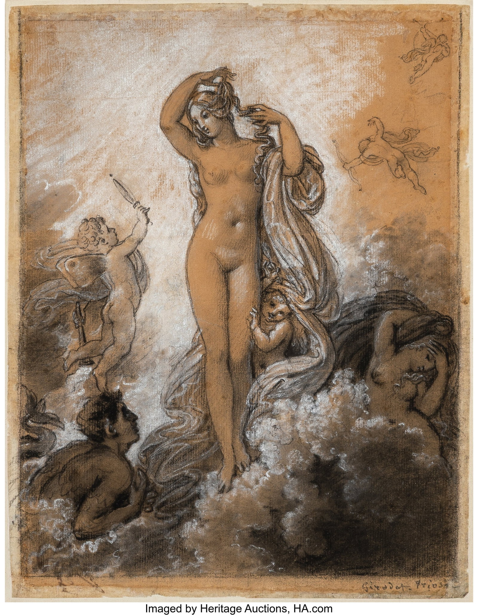 Anne-Louis Girodet de Roussy-Trioson (French, 17: Anne-Louis Girodet de Roussy-Trioson (French, 1767-1824) La naissance de Vénus Charcoal and white chalk on beige paper 9-1/4 x 7-1/4 inches (23.5 x 18&period