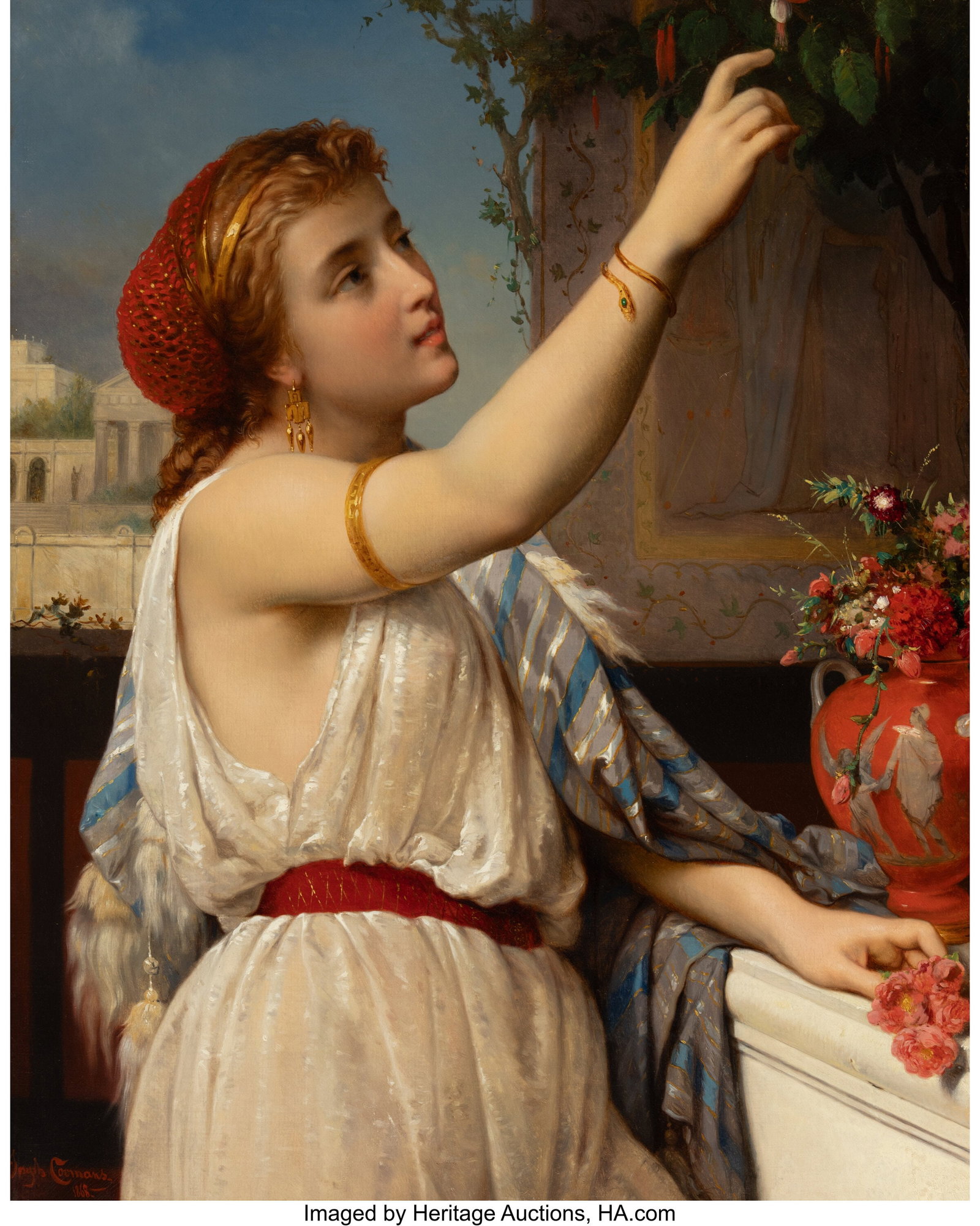 Pierre Olivier Joseph Coomans (Belgian, 1816-188: Pierre Olivier Joseph Coomans (Belgian, 1816-1889) Fuchsias, 1868 Oil on canvas 32 x 25-1/2 inches (81.3 x 64.8 cm) Signed and dated lower left: