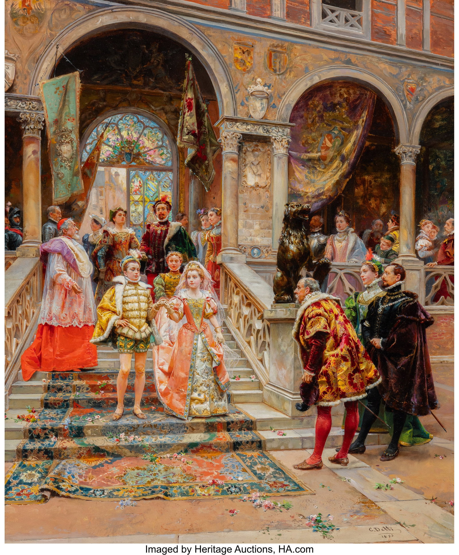 Cesare Auguste Detti (Italian, 1847-1914) Les fi: Cesare Auguste Detti (Italian, 1847-1914) Les fiançailles, 1895 Oil on canvas 25-3/4 x 22-3/8 inches (65.4 x 56.8 cm) Signed and dated lowe