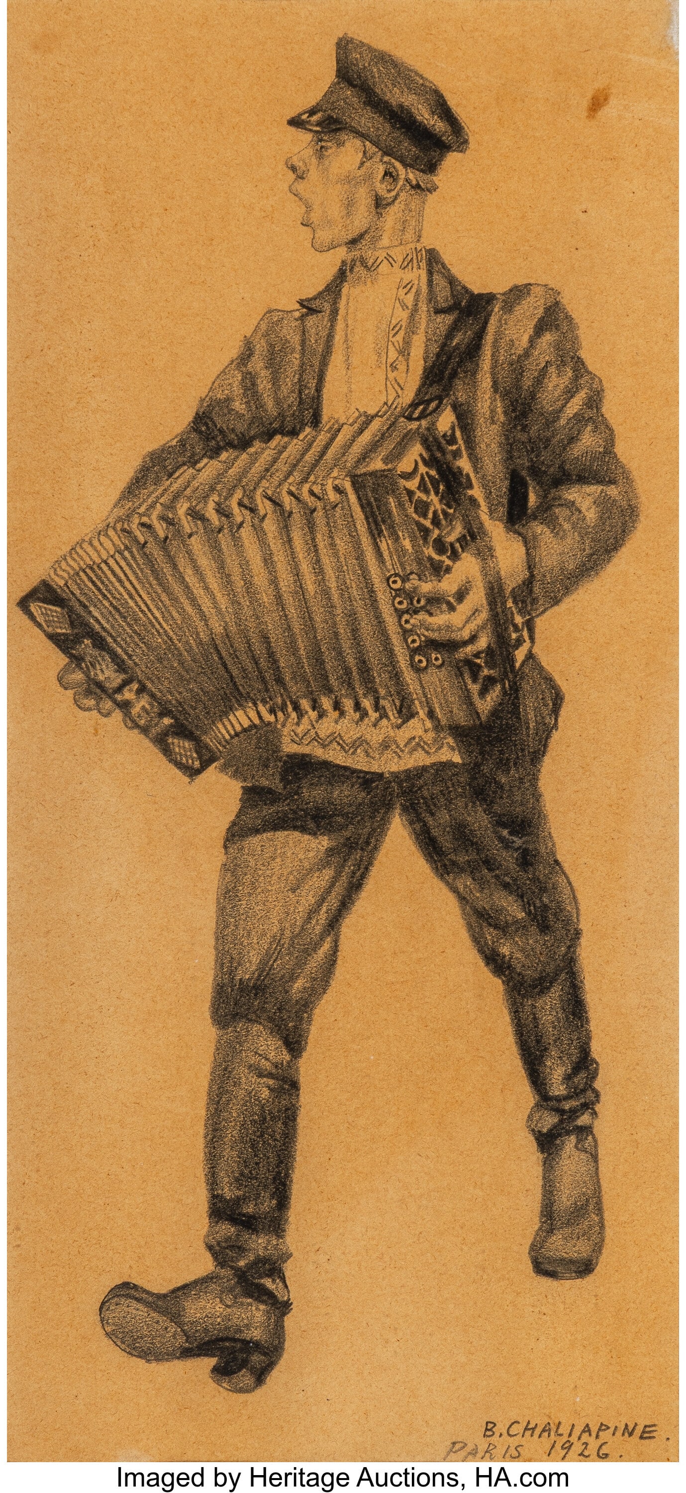 Boris Chaliapin (American, 1897-1979) Accordioni: Boris Chaliapin (American, 1897-1979) Accordionist, 1926 Graphite on paper 12-1/2 x 5-3/4 inches (31.8 x 14.6 cm) (sight) Signed, 