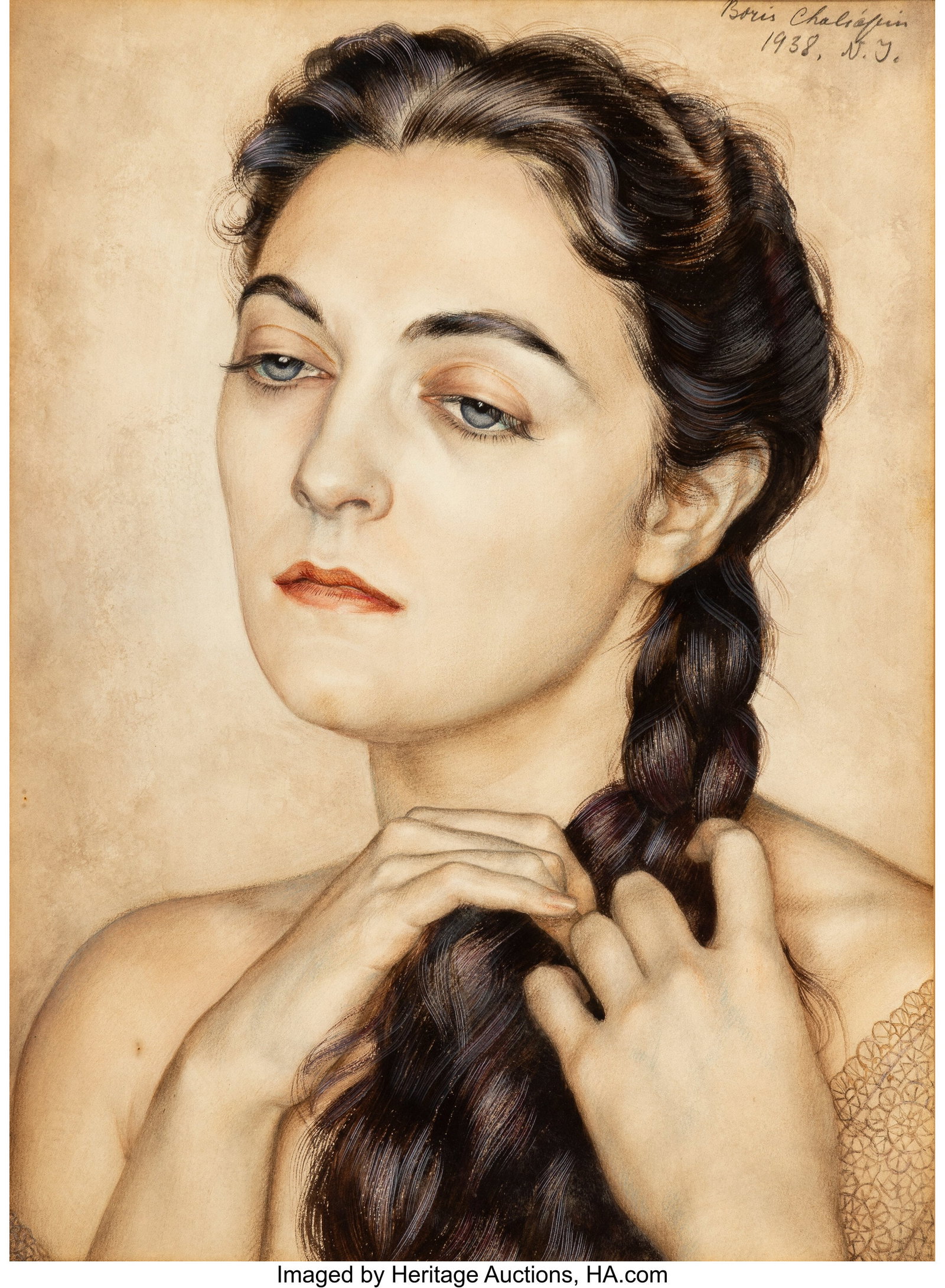 Boris Chaliapin (American, 1897-1979) Portrait o: Boris Chaliapin (American, 1897-1979) Portrait of Olga Bell, 1938 Gouache, pencil, and chalk on paper 14-1/2 x 10-5/8 inches (36.8 x 27.0 c