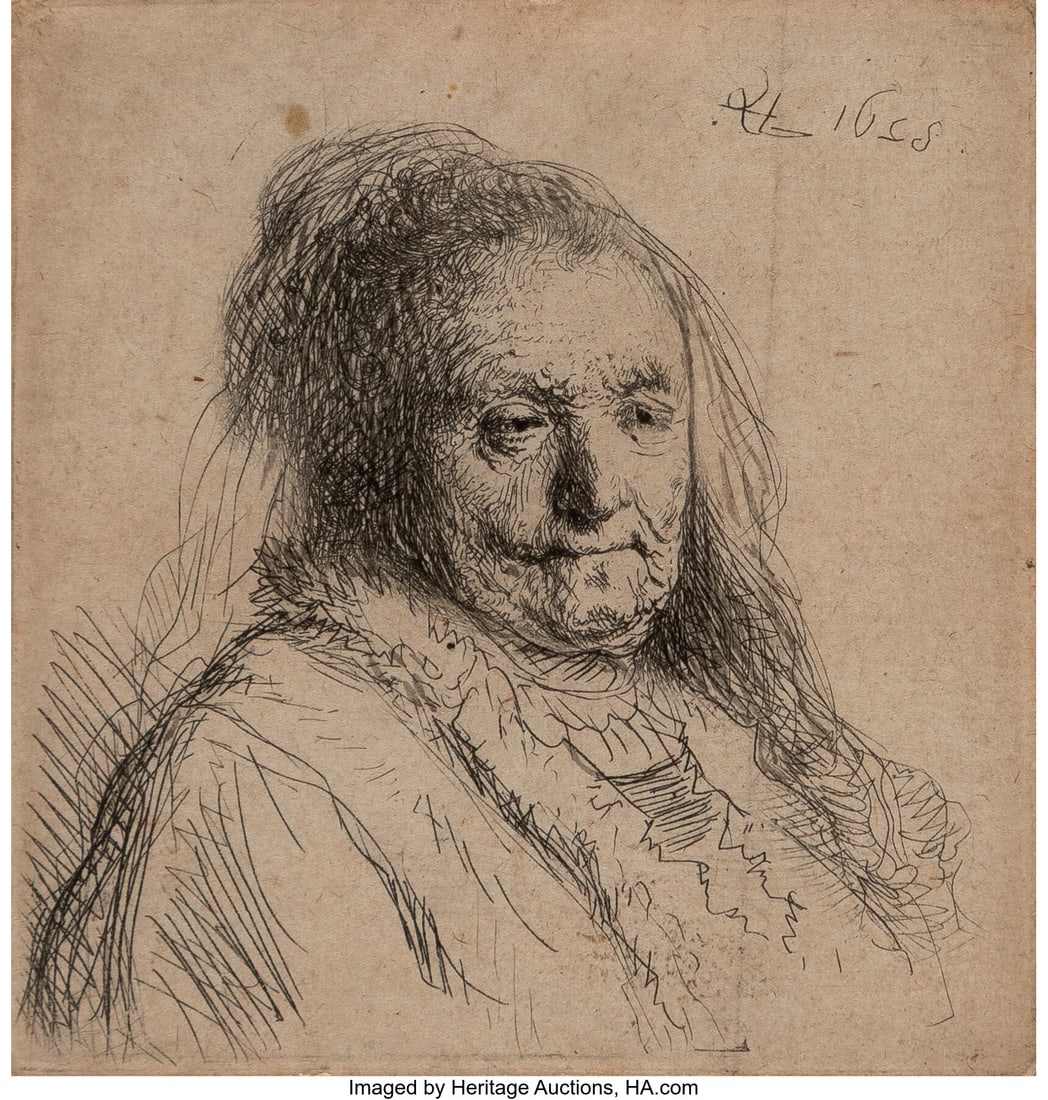Rembrandt van Rijn (Dutch, 1606-1669) The artist: Rembrandt van Rijn (Dutch, 1606-1669) The artist's mother, head and bust: three quarters right, 1628 Etching on laid paper 2-5/8 x 2-1/2 inches (6&period