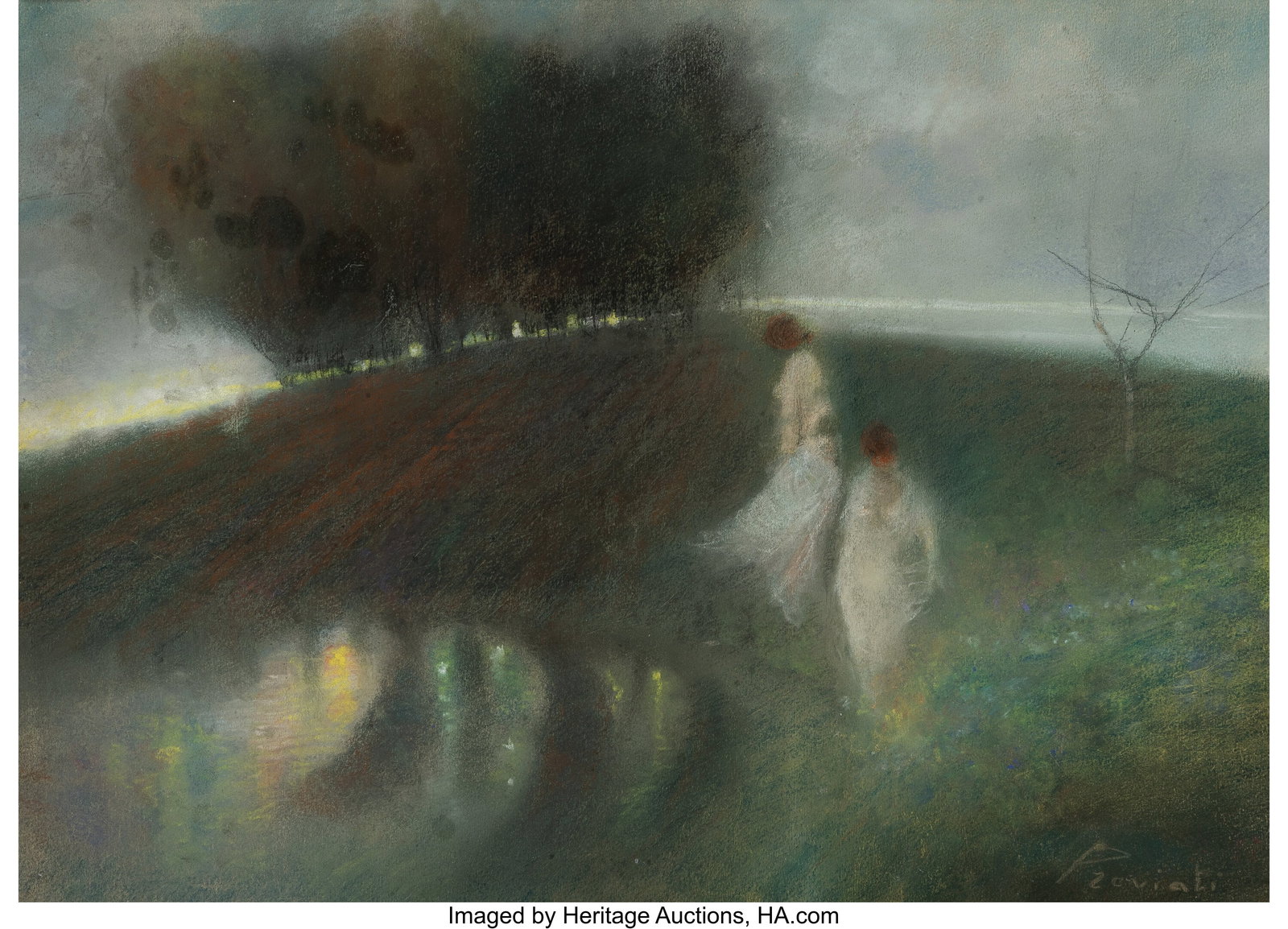 Gaetano Previati (Italian, 1852-1920) Two women : Gaetano Previati (Italian, 1852-1920) Two women in a landscape Pastel on paper 14-1/4 x 20-1/4 inches (36.2 x 51.4 cm) Signed lower right: Previat