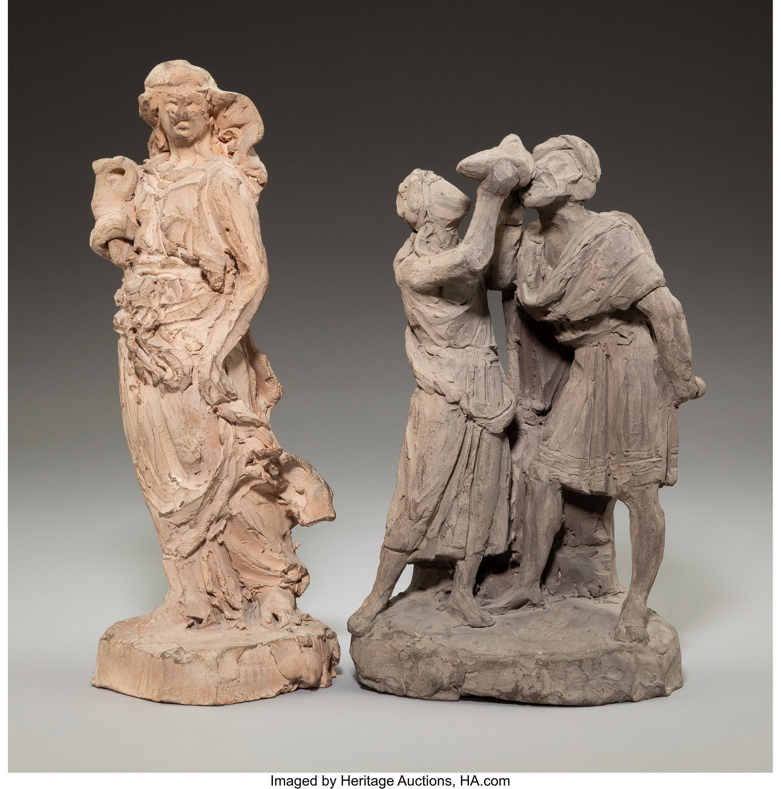 Ettore Ferrari (Italian, 1848-1929) Giacobbe e R: Ettore Ferrari (Italian, 1848-1929) Giacobbe e Rebecca (Jacob and Rebecca); Woman with a water jug (two works), 1867; undated Terracotta (each&