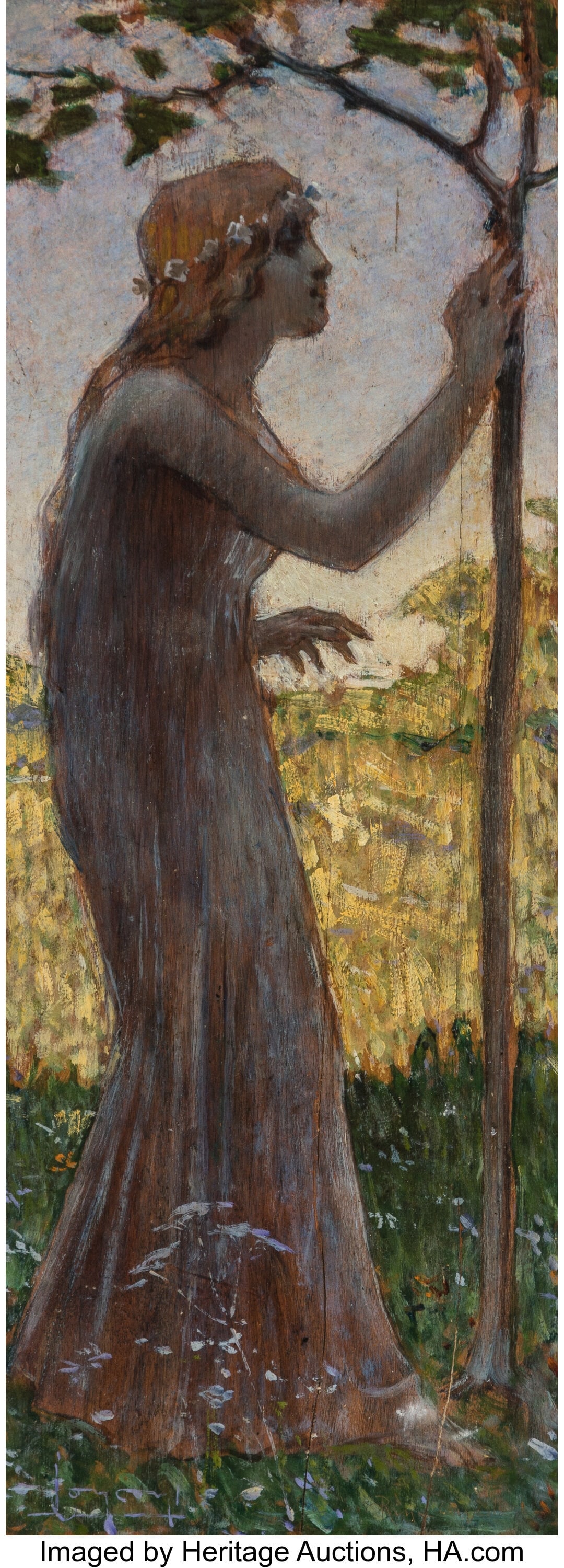 Luigi Conconi (Italian, 1852-1917) Primavera, fi: Luigi Conconi (Italian, 1852-1917) Primavera, figura femminile (Spring, female figure) Oil on panel 19-1/2 x 7-1/8 inches (49.5 x 18.1 
