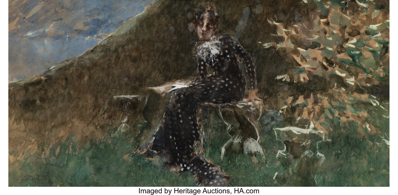 Luigi Conconi (Italian, 1852-1917) Fanciulla sed: Luigi Conconi (Italian, 1852-1917) Fanciulla seduto in giardino (Girl seated in a garden) Watercolor on paper 15-1/2 x 30-1/2 inches (41.9 x 76.2 c