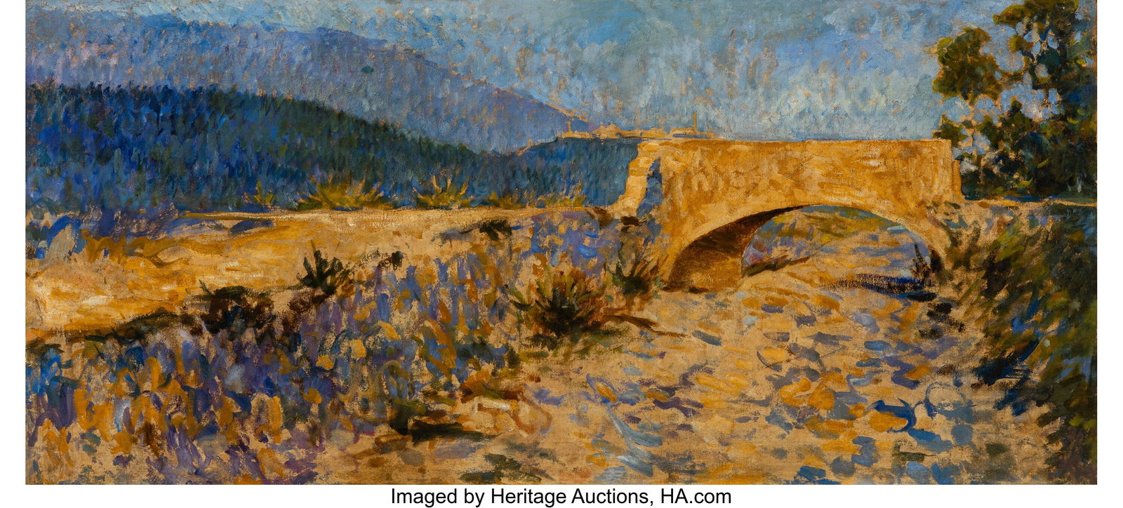 Luigi Conconi (Italian, 1852-1917) Il ponte di V: Luigi Conconi (Italian, 1852-1917) Il ponte di Voltorre (the Voltorre bridge) Oil on canvas 27-1/2 x 59-1/2 inches (69.8 x 151.1 cm) Property 