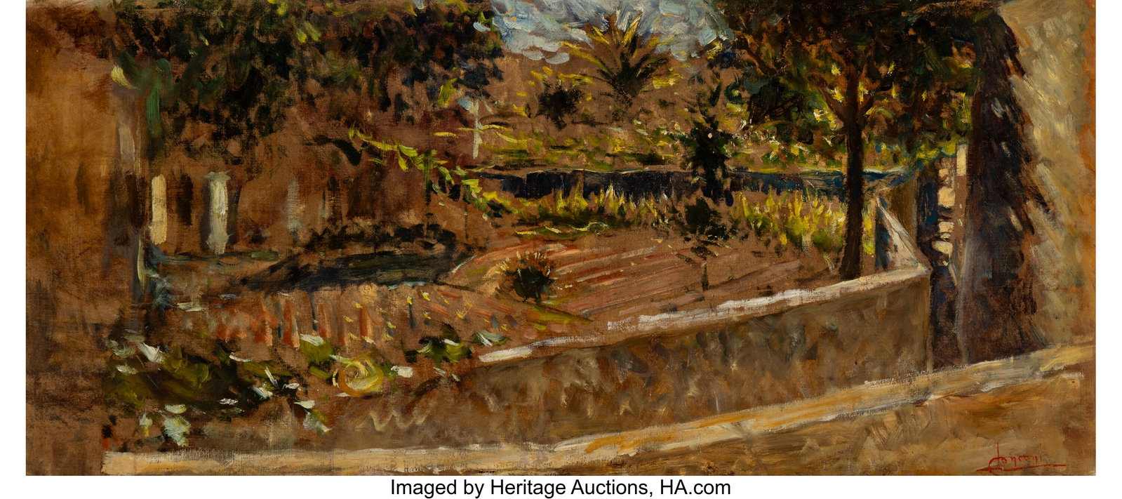 Luigi Conconi (Italian, 1852-1917) Garden at Con: Luigi Conconi (Italian, 1852-1917) Garden at Conconi Villa near Voltorre Oil on canvas 18-1/2 x 39-1/2 inches (47.0 x 100.3 cm) Signed lower right&colon