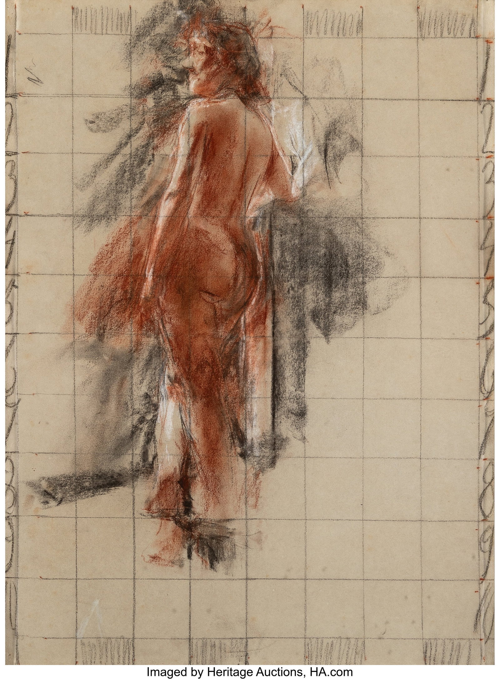 Antonio Mancini (Italian, 1852-1930) Seated prel: Antonio Mancini (Italian, 1852-1930) Seated prelate figure; Standing female nude (verso), 1892 Charcoal, chalk and sepia on paper 23 x 17-1/2 inches &lpa