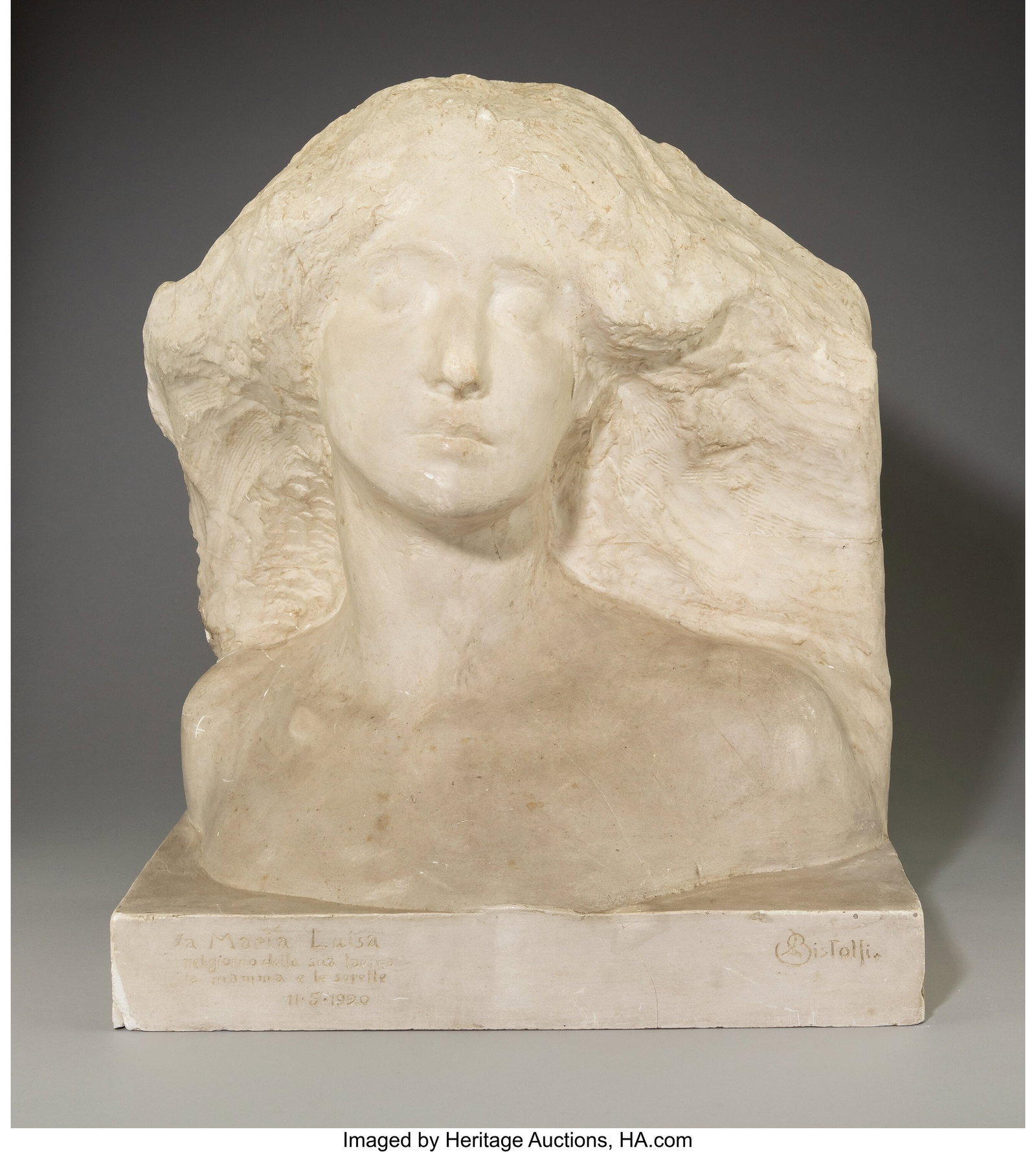 Leonardo Bistolfi (Italian, 1859-1933) Study of : Leonardo Bistolfi (Italian, 1859-1933) Study of a Woman's Head for "La bellezza liberata dalla materia/l'Alpe" Monument to Giovanni Segantini, 1920 Plaster 20-1/2 x 17-3&