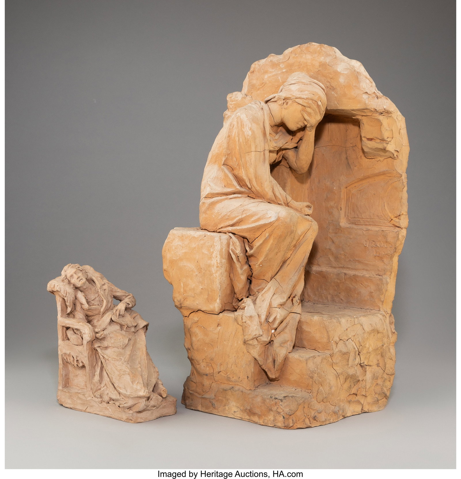 Ettore Ferrari (Italian, 1848-1929) The convales: Ettore Ferrari (Italian, 1848-1929) The convalescent; The mourner (two works), 1872; 1880-1890 Terracotta (each) The first: 7 x 6-1/2 x 3-