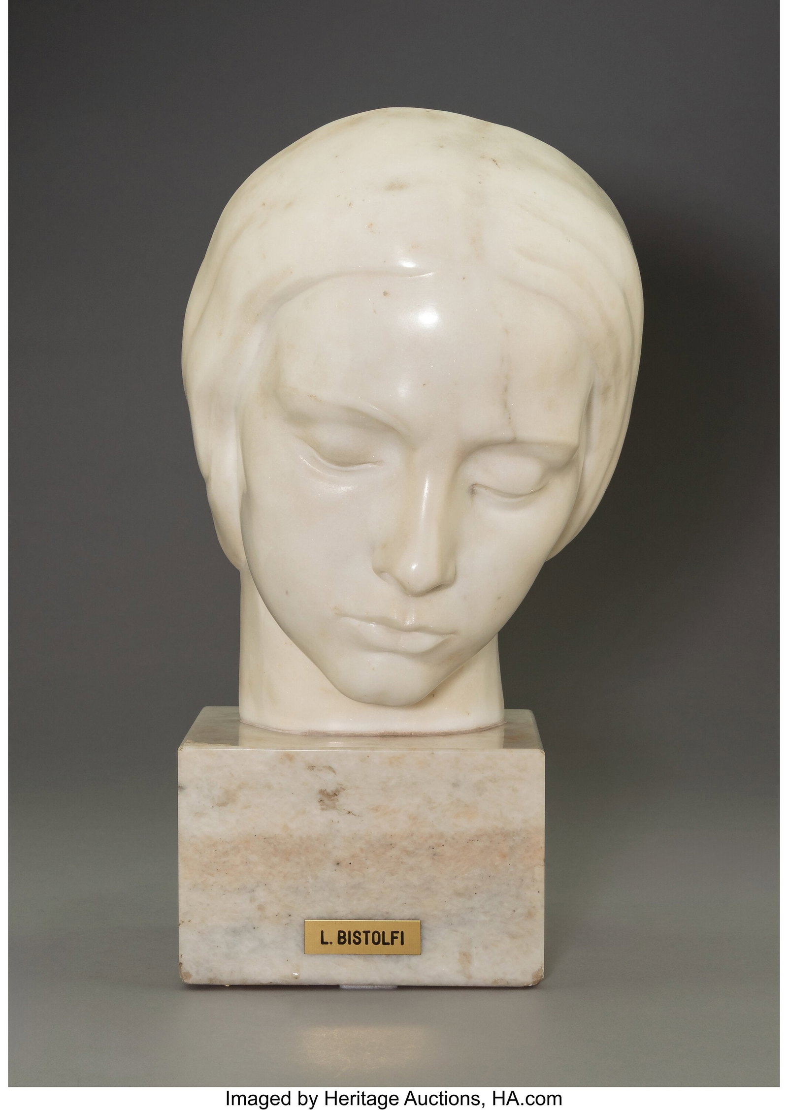 Leonardo Bistolfi (Italian, 1859-1933) A Occhi C: Leonardo Bistolfi (Italian, 1859-1933) A Occhi Chiusi (With eyes closed) White marble 14-1/2 x 8 x 7-1/2 inches (36.8 x 20.3 x 19.1 cm)