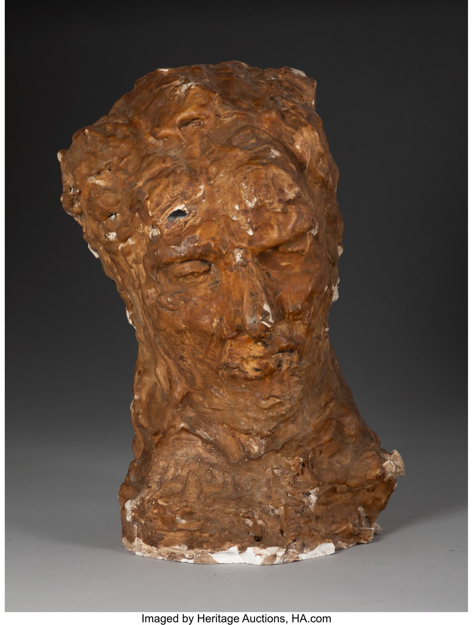 After Medardo Rosso (Italian, 1858-1928) Portrai: After Medardo Rosso (Italian, 1858-1928) Portrait of an old man Posthumous cast Brown wax over plaster 12-3/4 x 7-1/2 x 7-1/2 inches (32.4 x 19.1 x 19&pe