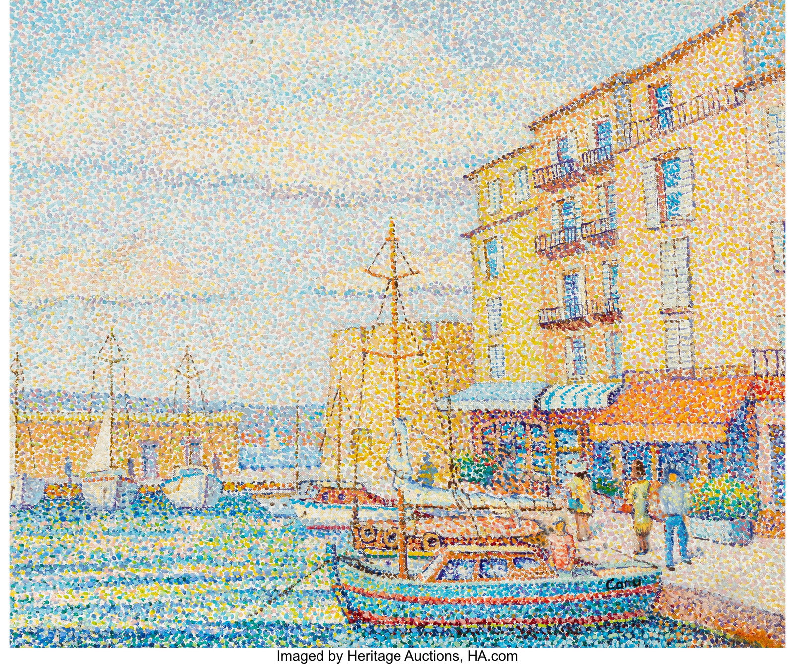 Yvonne Canu (French, 1921-2007) Saint Tropez Oil: Yvonne Canu (French, 1921-2007) Saint Tropez Oil on canvas 19-5/8 x 23-5/8 inches (49.8 x 60.0 cm) Signed lower right: Canu Signed and titled on t