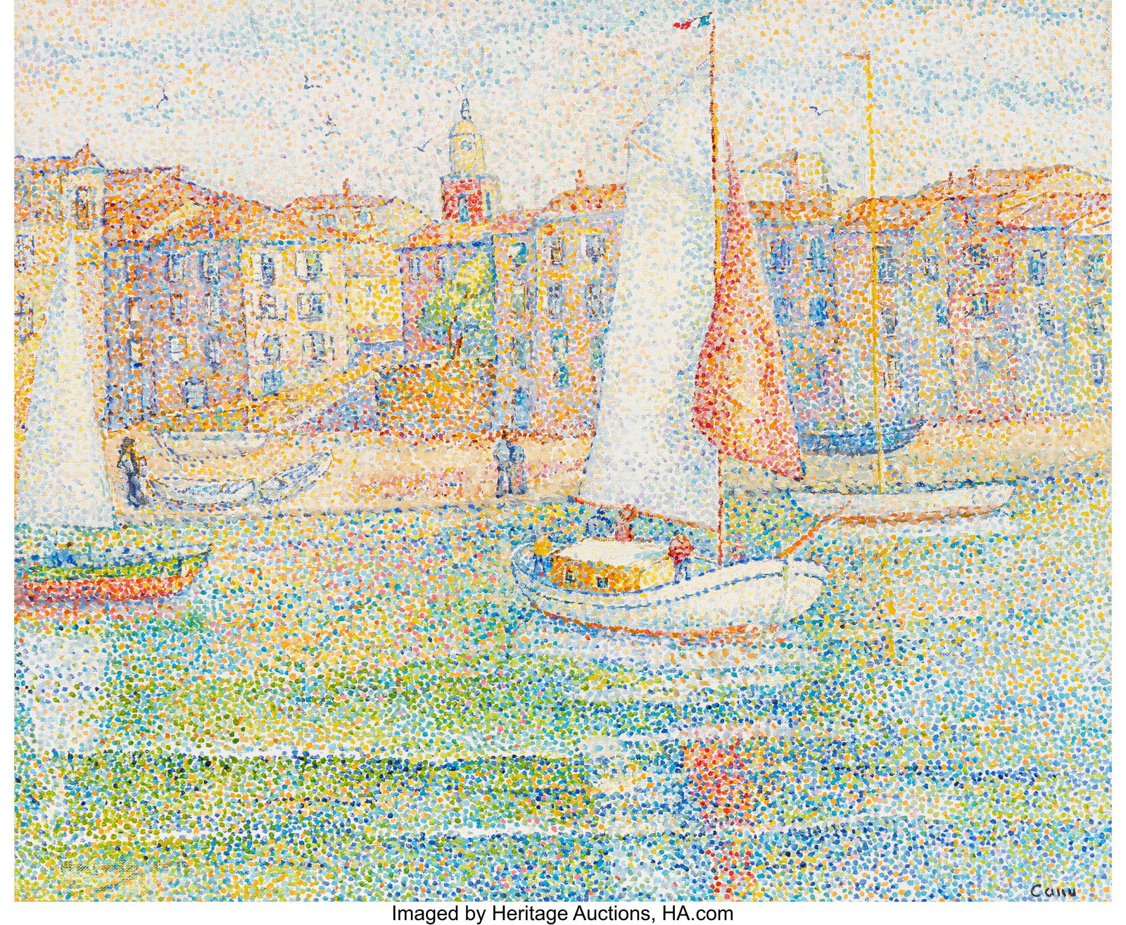 Yvonne Canu (French, 1921-2007) Saint Tropez Oil: Yvonne Canu (French, 1921-2007) Saint Tropez Oil on canvas 19-5/8 x 23-5/8 inches (49.8 x 60.0 cm) Signed lower right: Canu Signed and titled on t