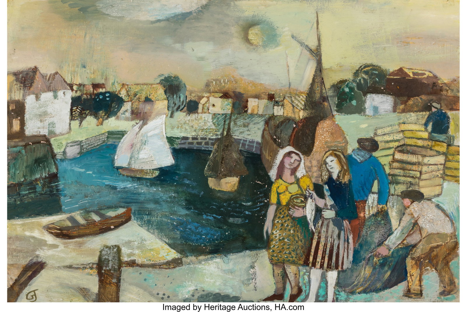 Gwyneth Johnstone (British, 1915-2010) The day's: Gwyneth Johnstone (British, 1915-2010) The day's catch Oil on board 24 x 36 inches (61.0 x 91.4 cm) Signed with artist's monogram lower left PROVENANCE: P
