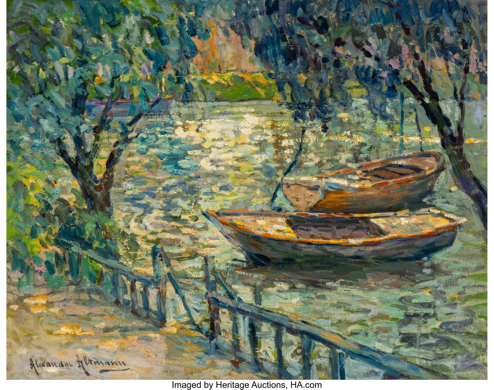 Alexandre Altmann (Russian-French, 1885-1950) Ba: Alexandre Altmann (Russian-French, 1885-1950) Barques sur la rivière Oil on canvas 29-5/8 x 37-1/2 inches (75.2 x 95.2 cm) Signed lower left&colo